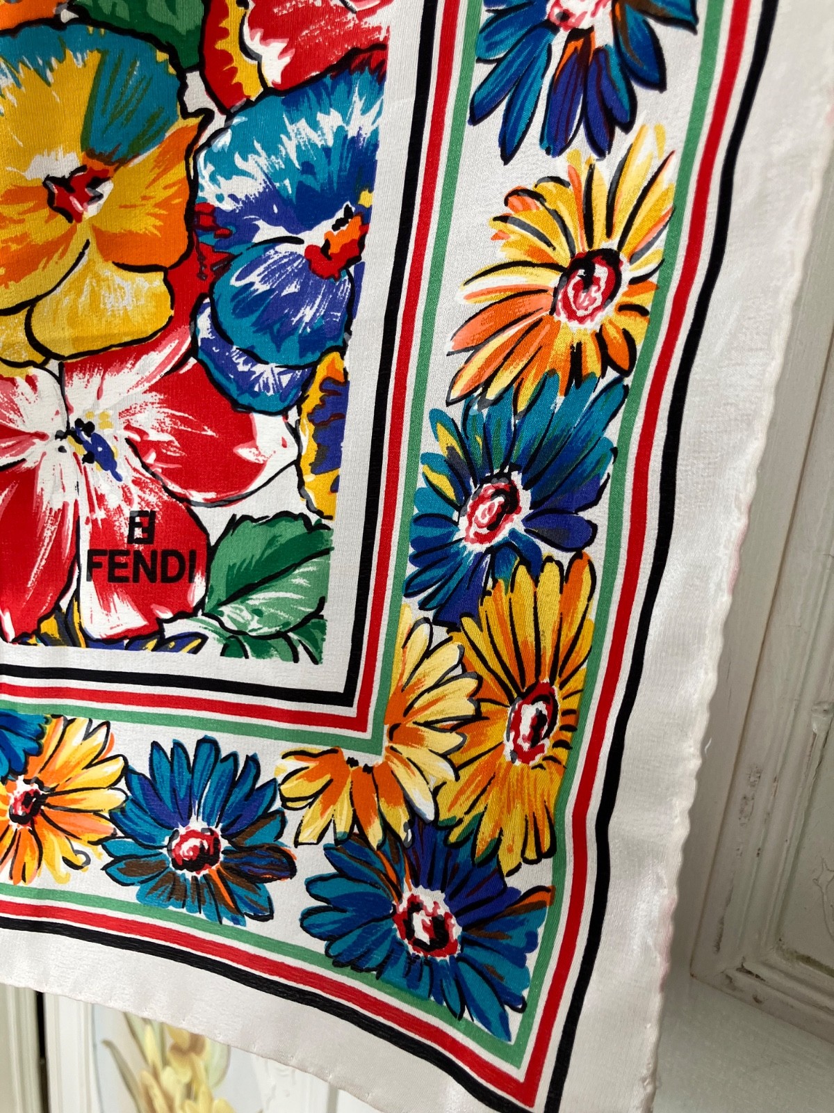 VTG AUTH FENDI FOULARD ALL SILK SCARF WHITE MULTICOLOR FLORAL GUC A FEW SNAGS