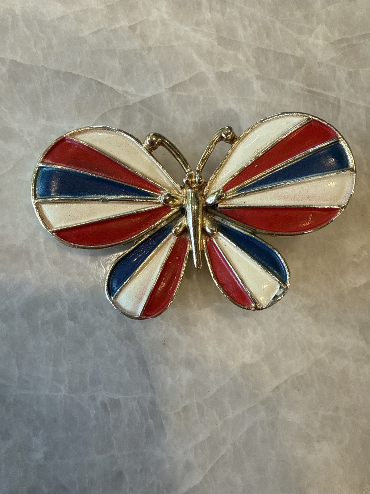 Vintage Enamel Butterfly Hair Clip Barrette Red White Blue