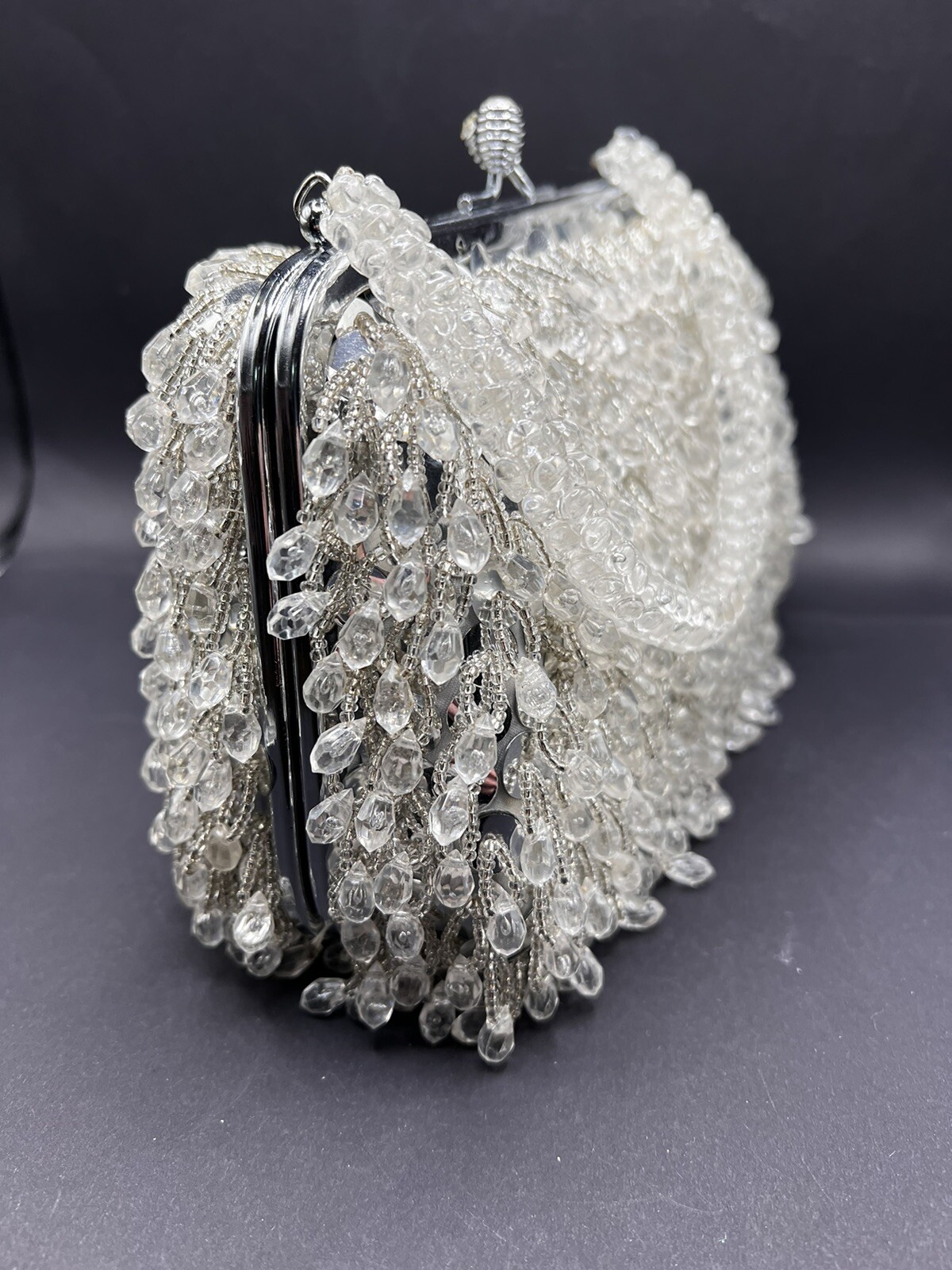 Vtg Beaded HandBag Silver & Clear Evening Purse Hong Kong Prom Wedding 60s 70s
