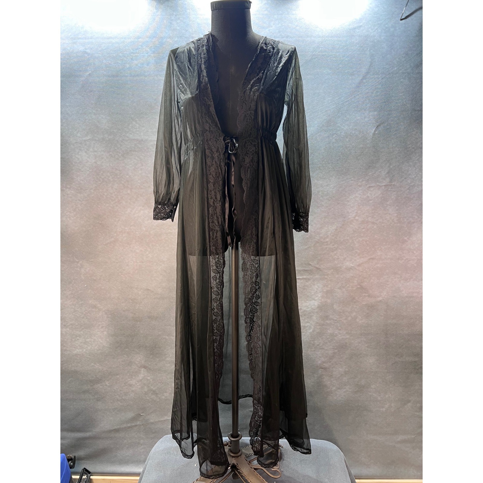 Vintage Sheer Black Mesh Lace Trim Long Robe Elastic Waist Ribbon Tie Lingerie