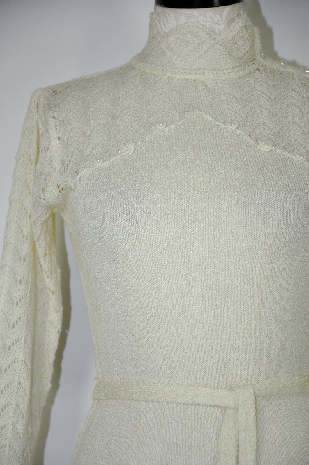 70s Vintage Cream Off White Pointelle Knit High Neck Pearl Sweater Dress Women M