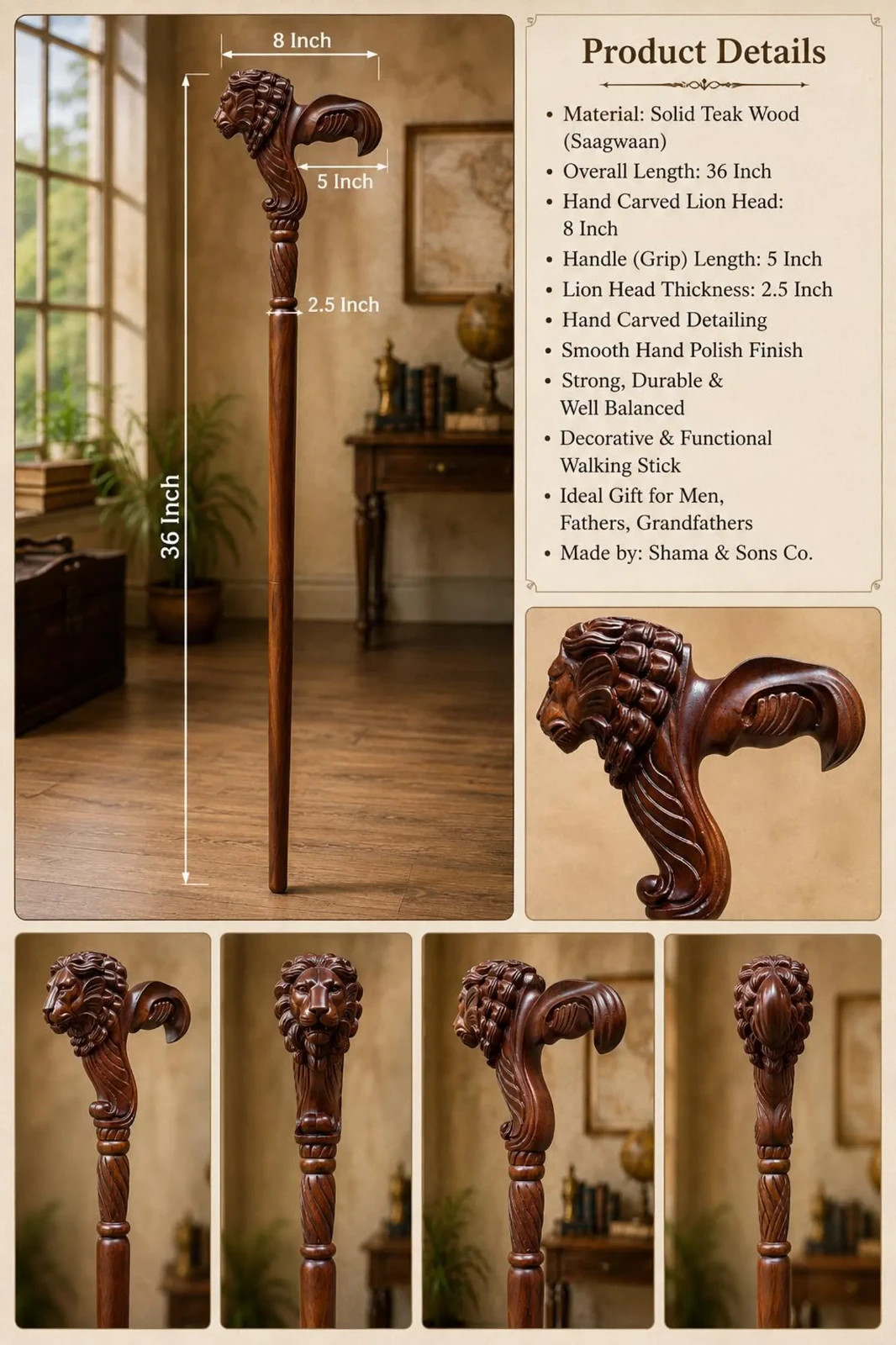 Hand Carved Lion Head Wooden Walking Cane Handmade Walking Stick 30-40 Inch