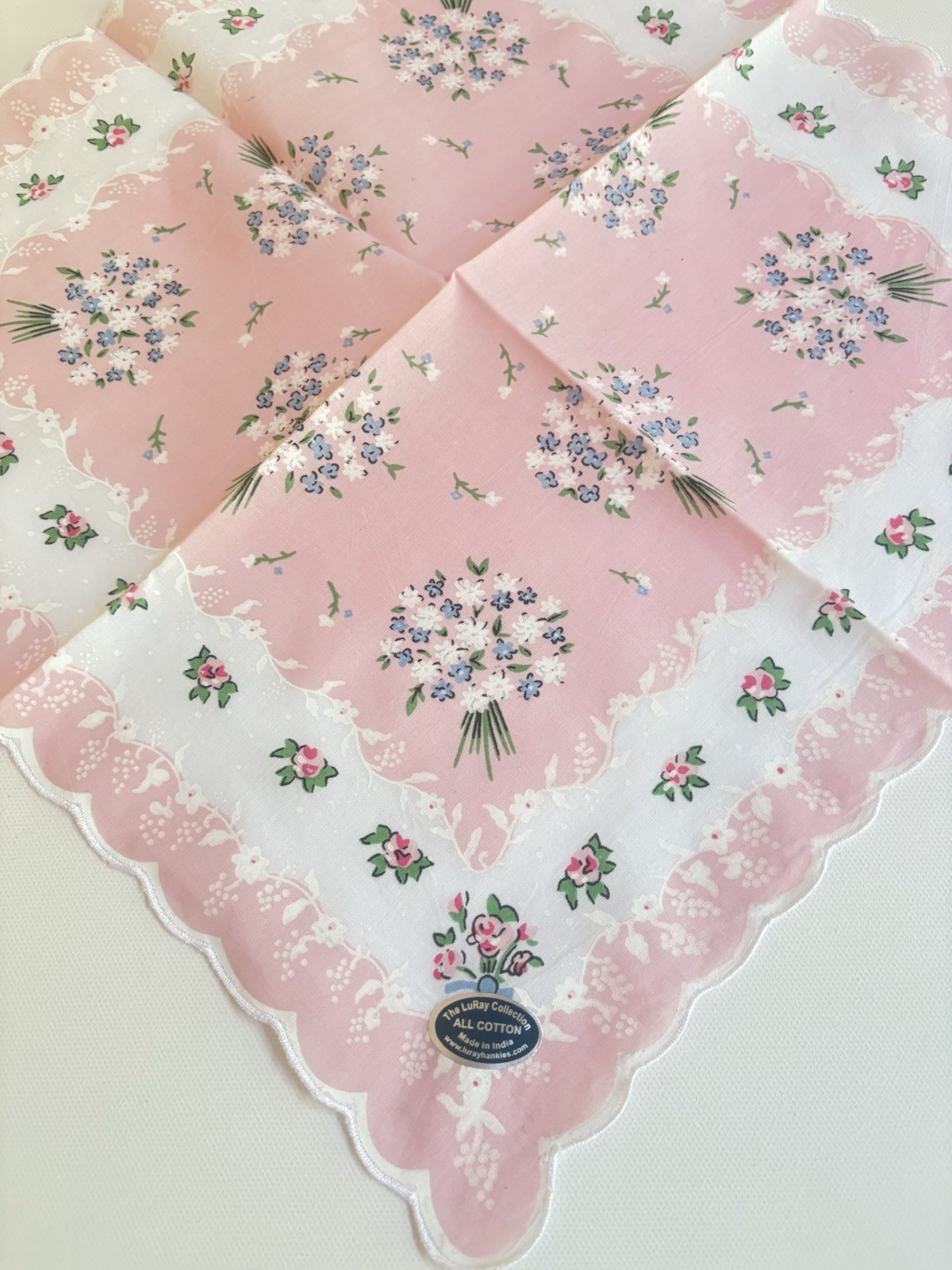 Lovely New LuRay Pastel Pink Handkerchief Hankie With Scalloped Border