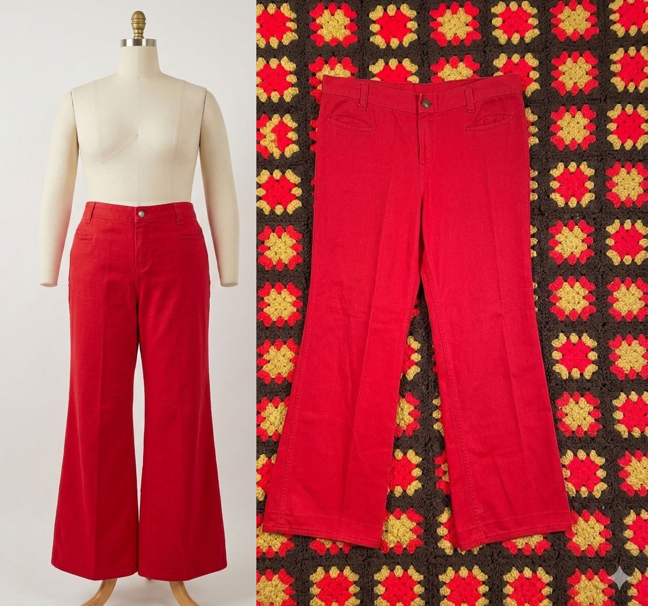 Vintage 1970s Cherry Red Denim Bell Bottoms Size L