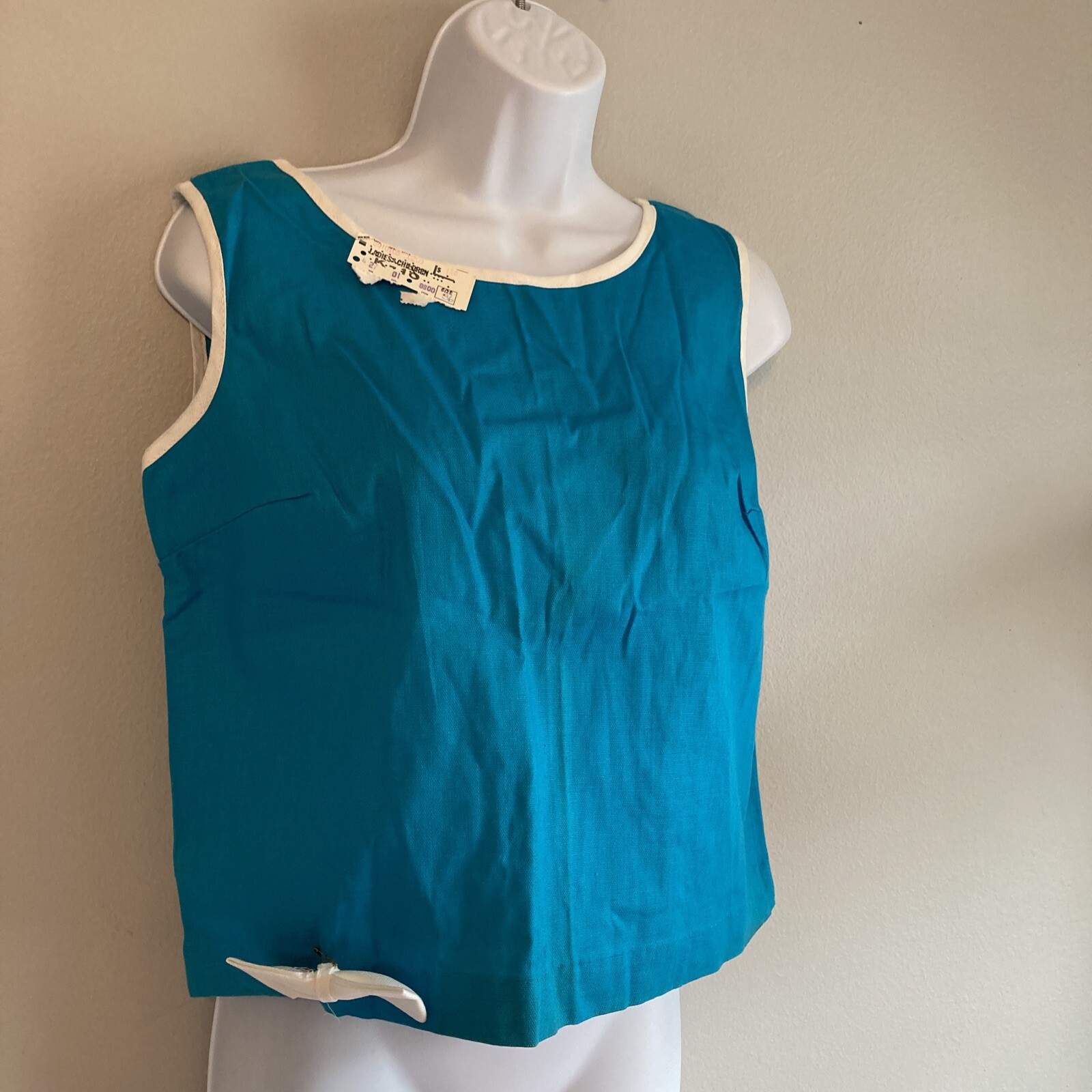 Vintage 1960s Sleeveless Crop Top Teal Blue Cotton Linen NWT