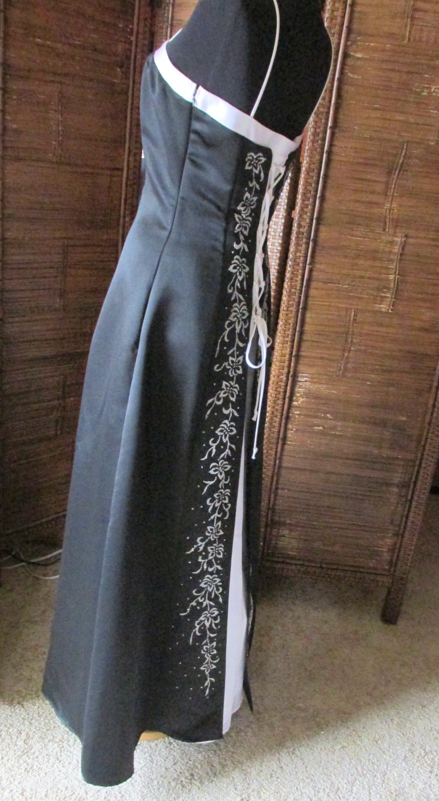 VTG Black Brushed Satin Gown White Lace-Up Back Silvery Gray Caviar Beading SZ 8