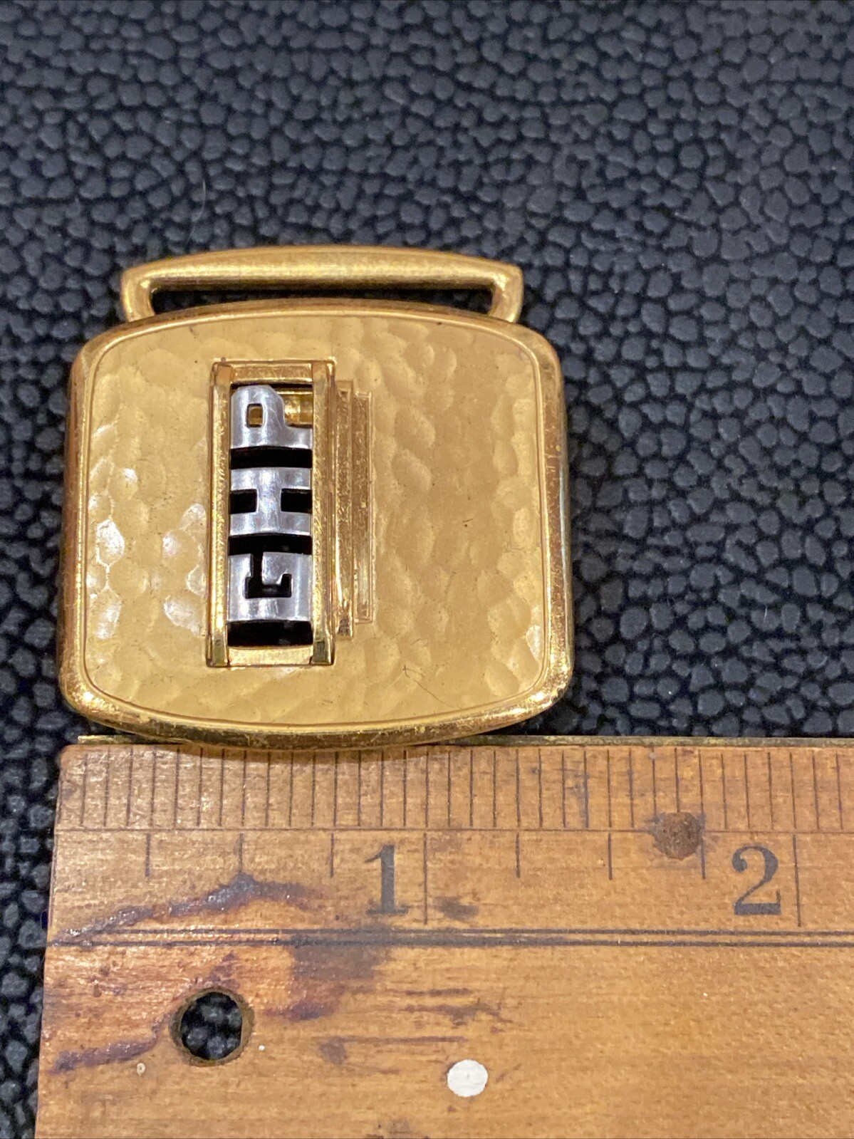 Vtg Art Deco Swank deluxe gold plate retro belt buckle Hammered Bronze GHP Mono
