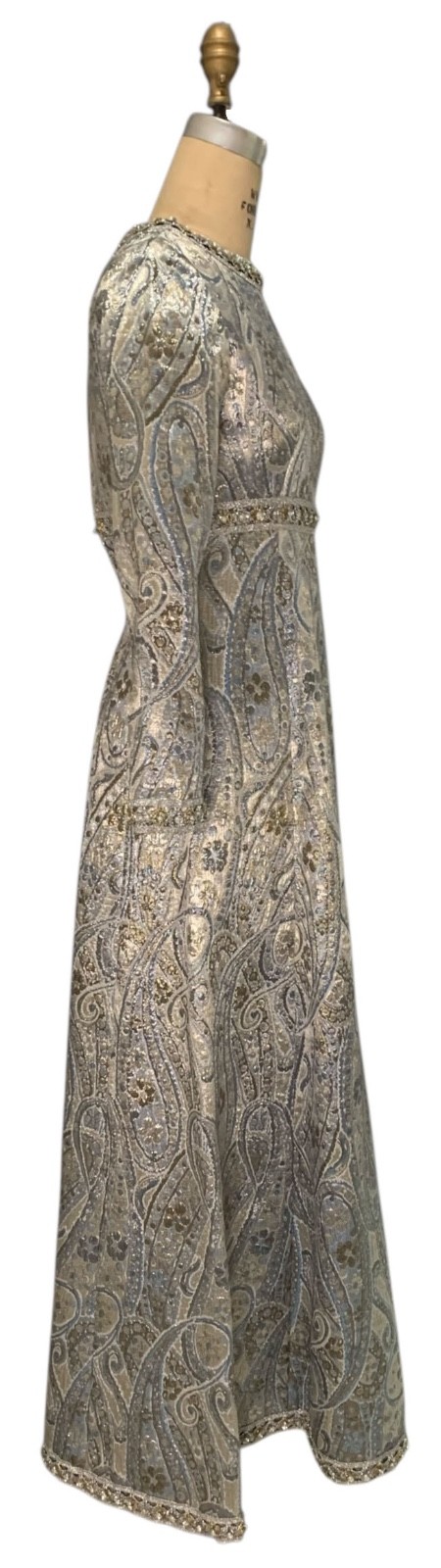 Vintage 60s/70s Women’s Empire Waist Metallic Paisley Brocade Dress – Size XS/S