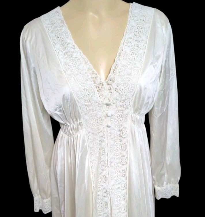 Vintage Miss Elaine 2 PC Maxi Nightgown & Robe Set Nylon Cotton Lace Trim Ivory