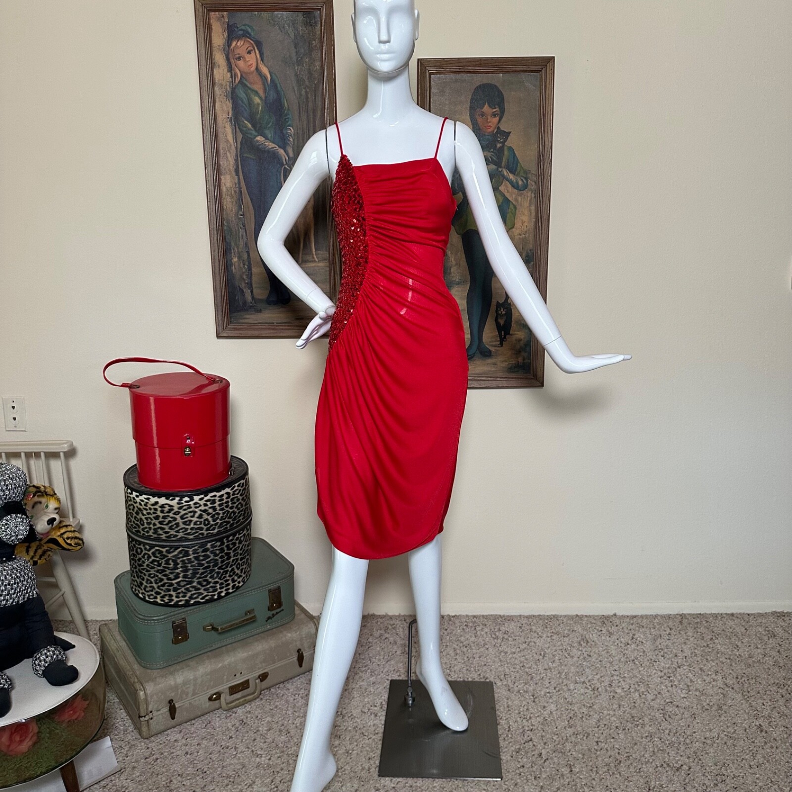 Vintage 70s New Leaf by Samir Slinky Disco Dress Sequined Draped Red Jersey S