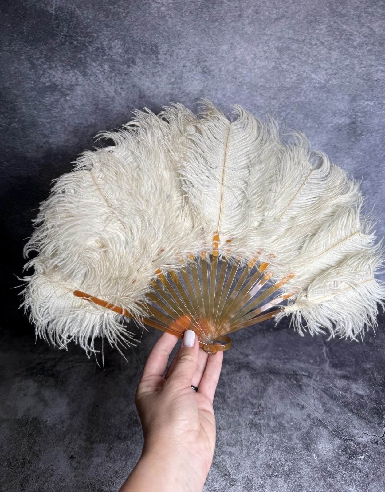 Vintage Ostrich Feather Fan Burnt Orange Faux Tortoiseshell Art Deco Flapper