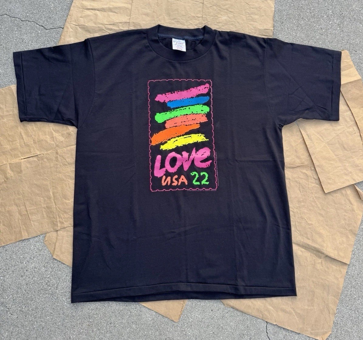 VTG USPS 1988 Love 22 Stamp Rainbow Corita Kent Pride Black Tee Men’s XL USA