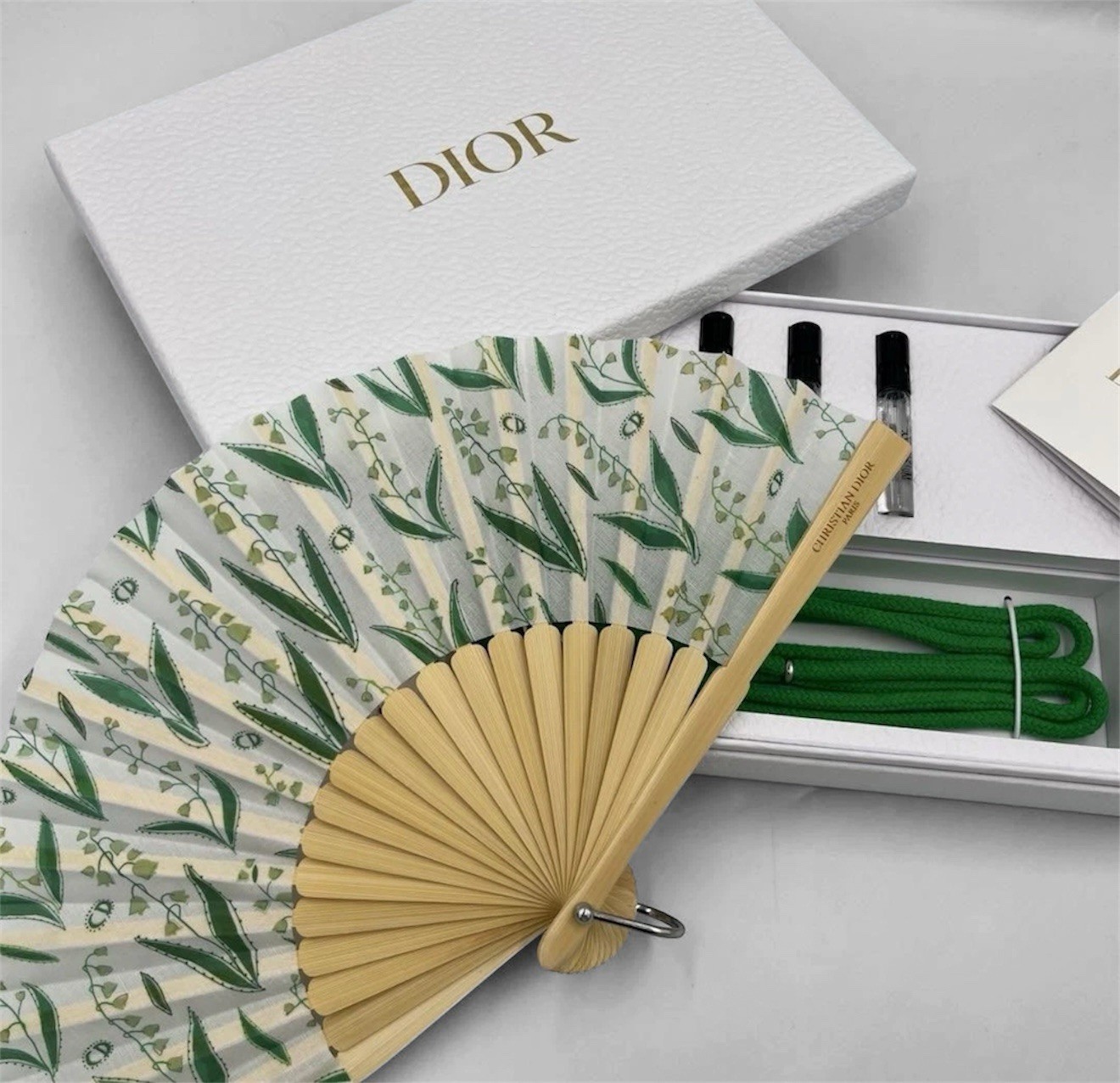 DIOR BEAUTY Lily Of The Valley Mini Folding Fan w/Strap & Lucky Perfumes Set NIB