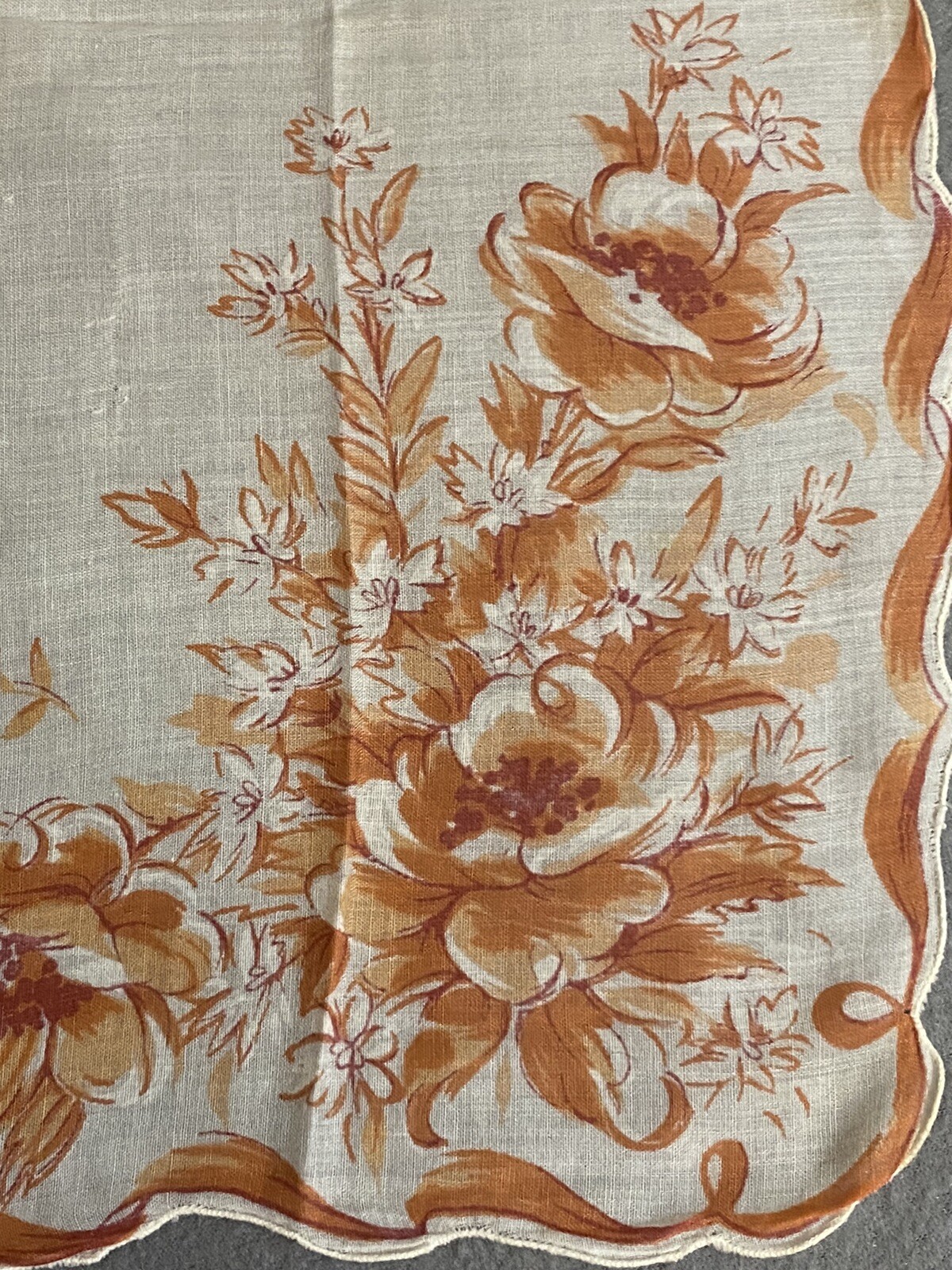 Vintage Ladies Handkerchief Hanky Orange Floral and Ribbon DesignScalloped Edge