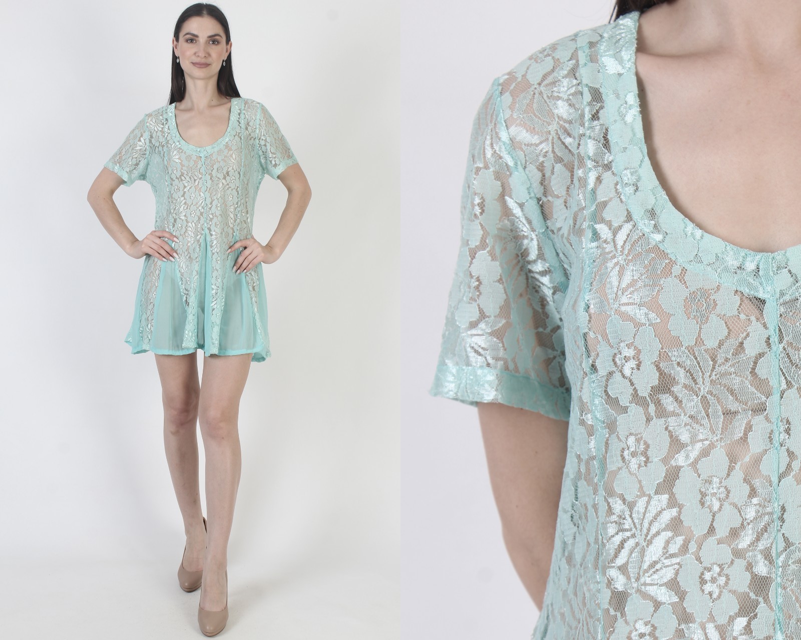 Vtg 90s Mint Sheer Lace Grunge Dress Gypsy Babydoll Skater Micro Mini Sundress