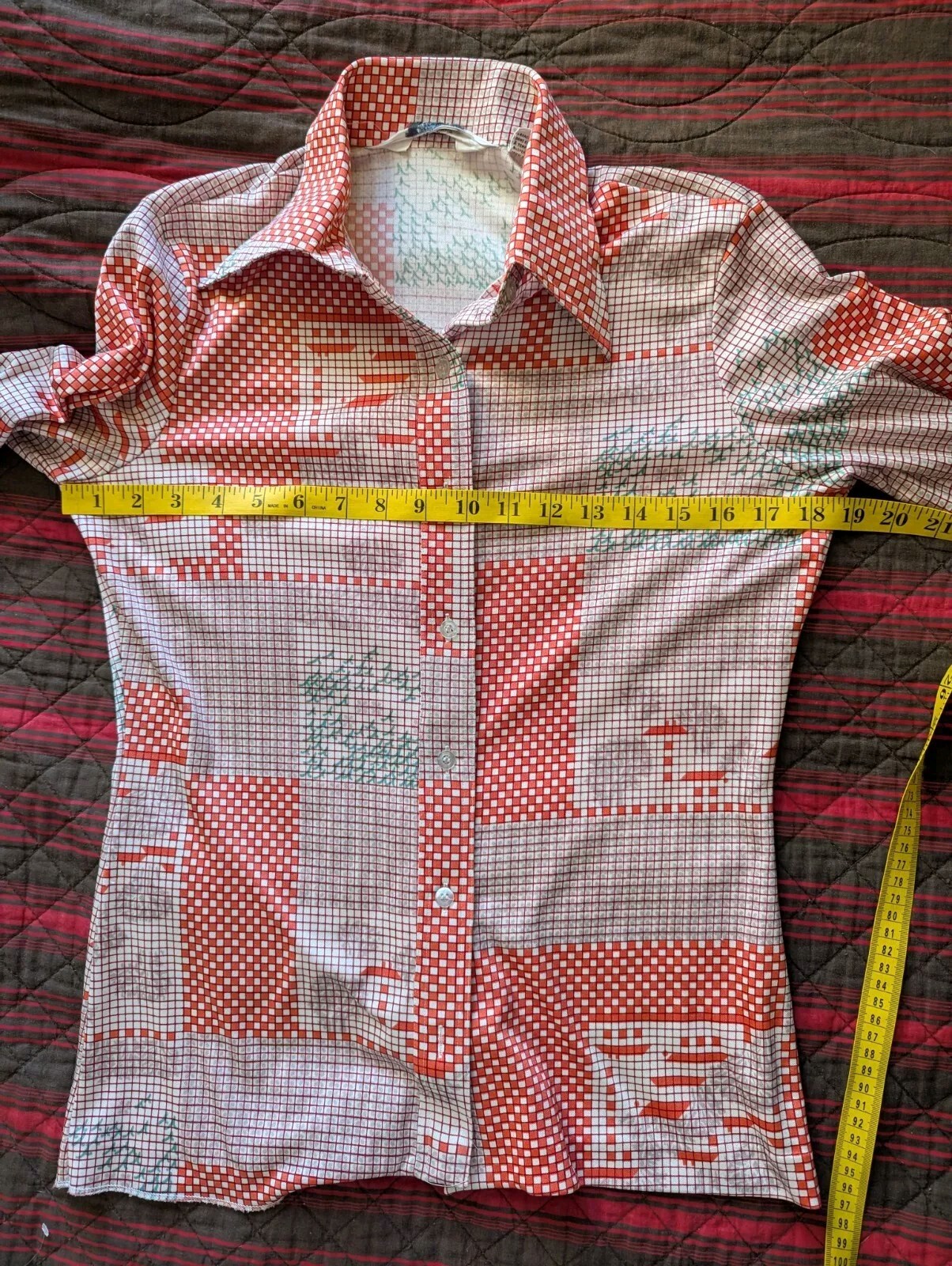 Vintage 1970s Hooper Associates Red Gray Graph Print Shirt M