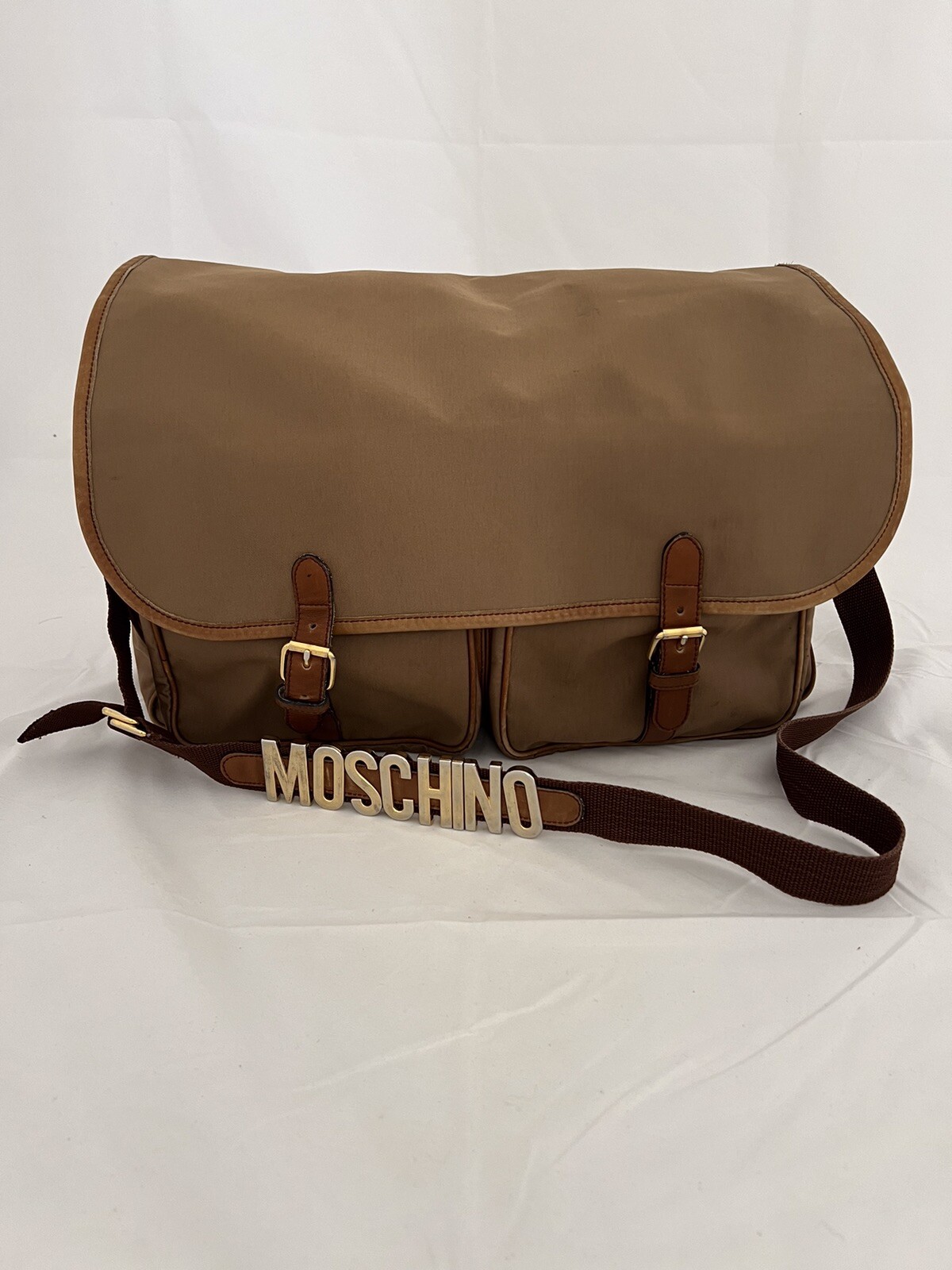 Vintage Moschino Nylon Large Brown Unisex Messenger Bag by Redwall (17″X 14″)