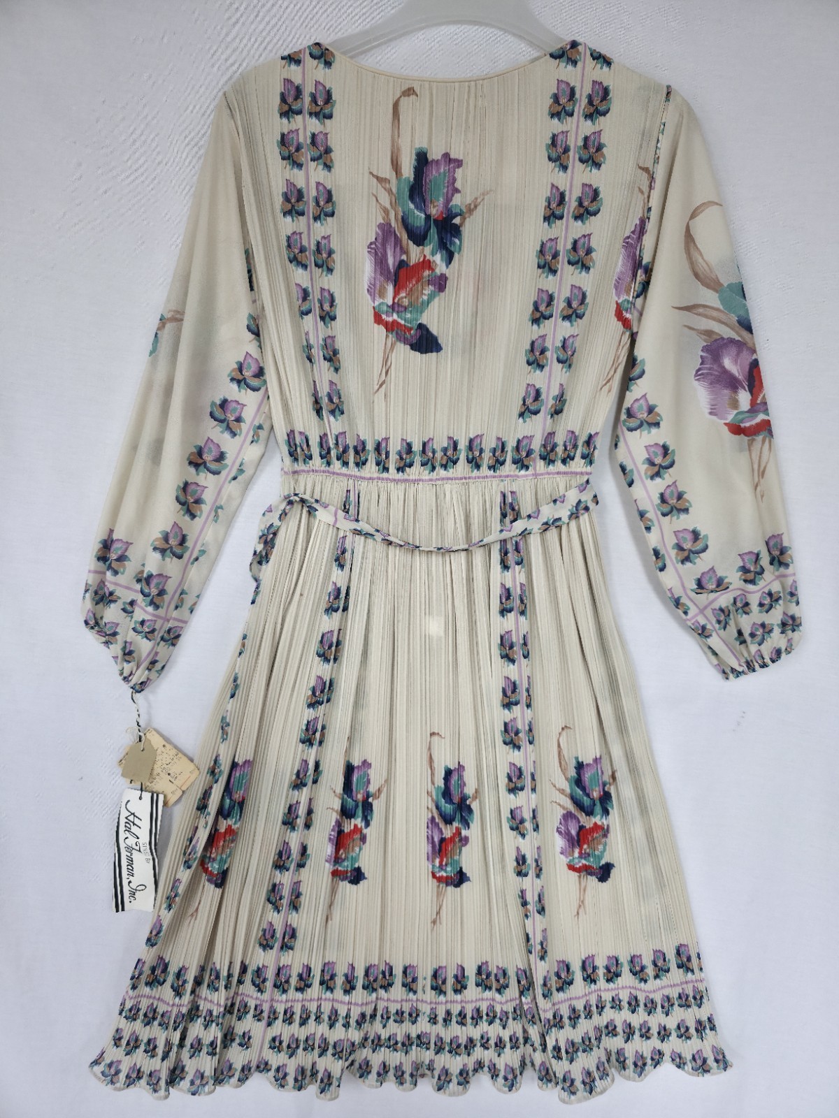 ’70s Union USA Hal Ferman Midi Dress Ivory Floral Micro Pleated Sheer Chiffon