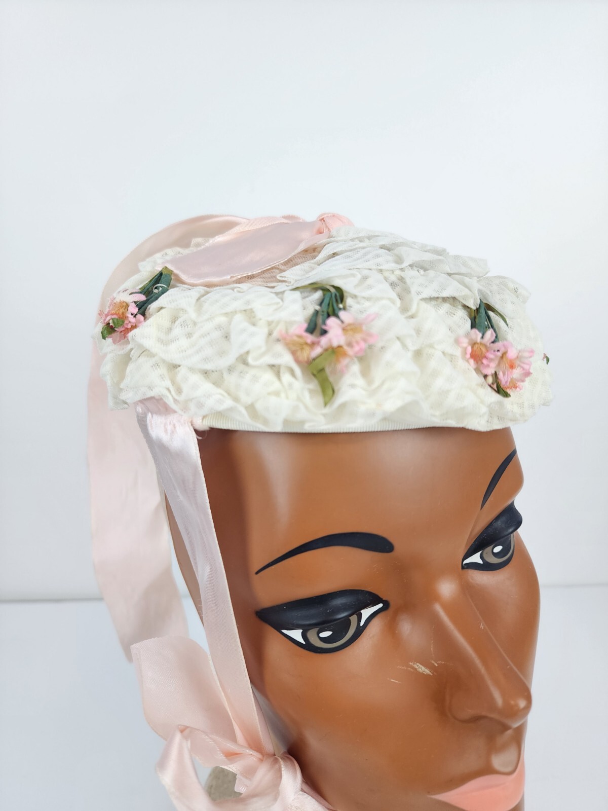 Antique Vintage Pillbox Hat White And Pink Floral With Lace With Ribbon