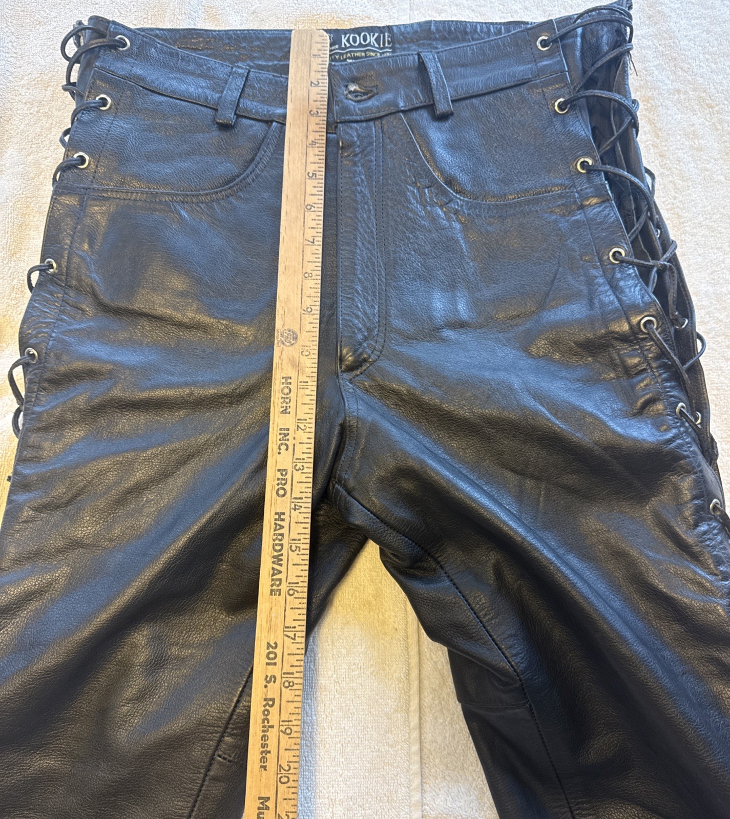 Vintage 80s/90s KOOKIE High-Waisted Leather Pants Tie Legs Size 33 Glam Rock