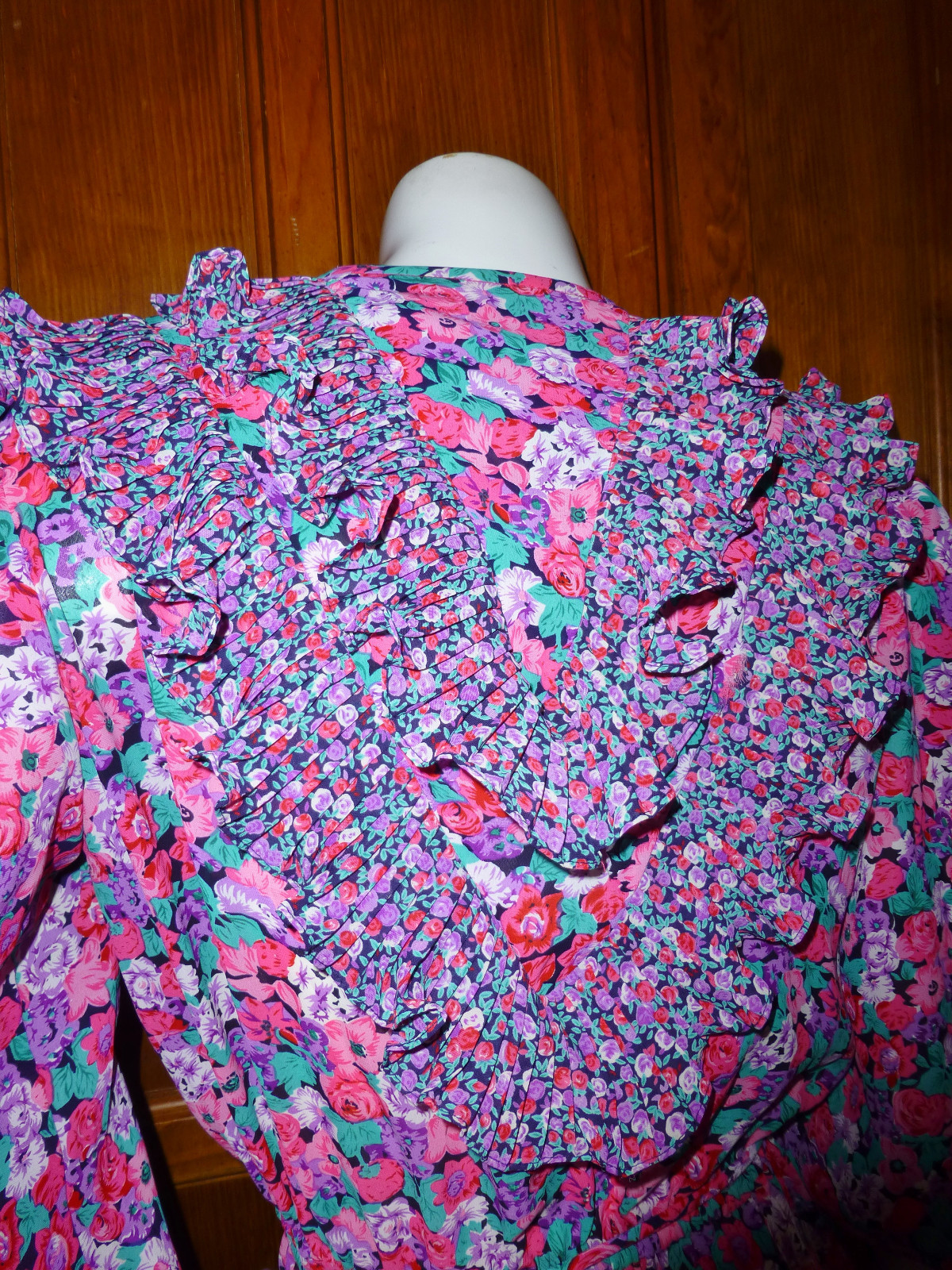 Vtg 80s Freis Style Floral PRINT Pleated Ruffle Poet Slv BOHO Gypsy Midi DRESS
