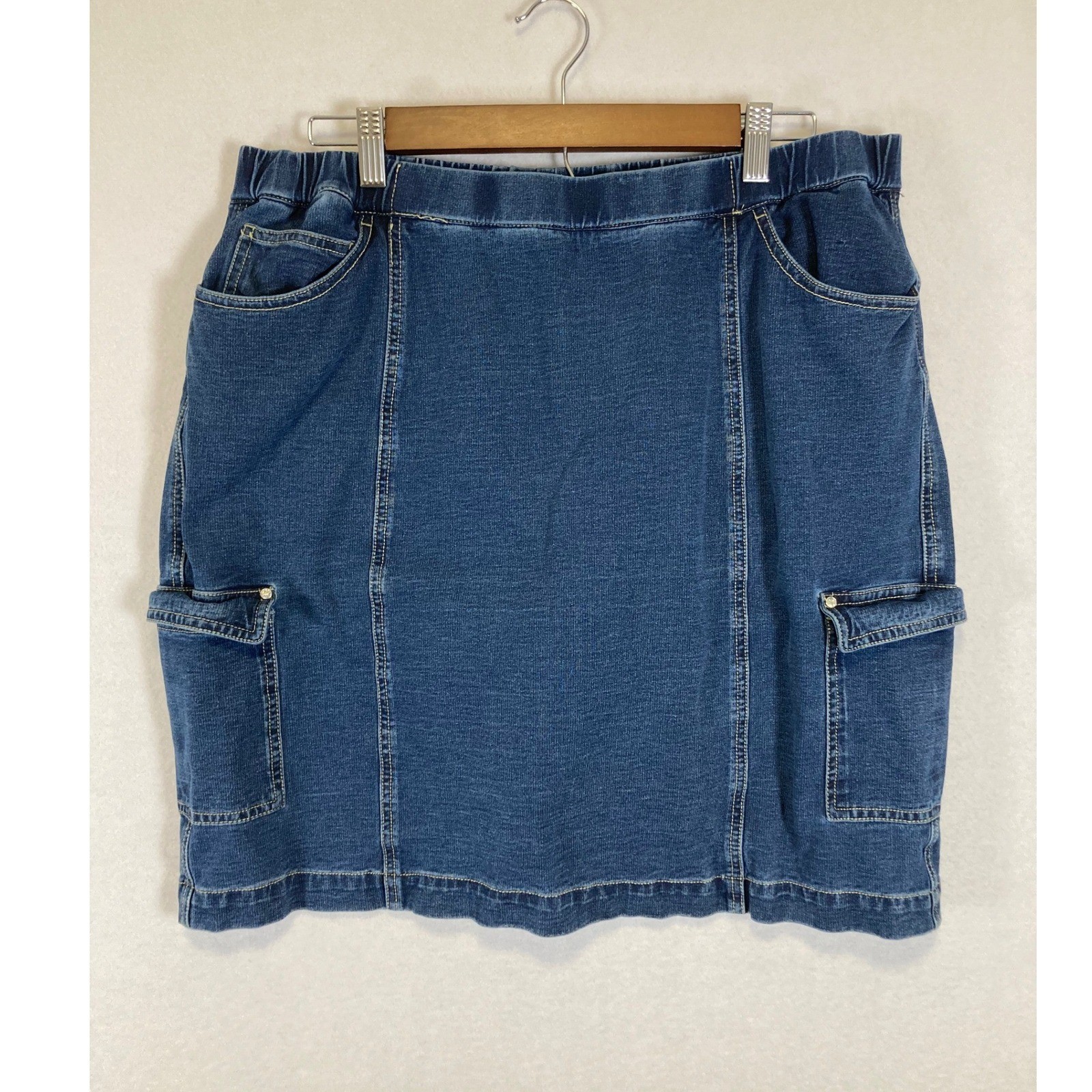Vintage Quacker Factory DreamJeannes Women L Blue Cargo Denim Skirt Pull On