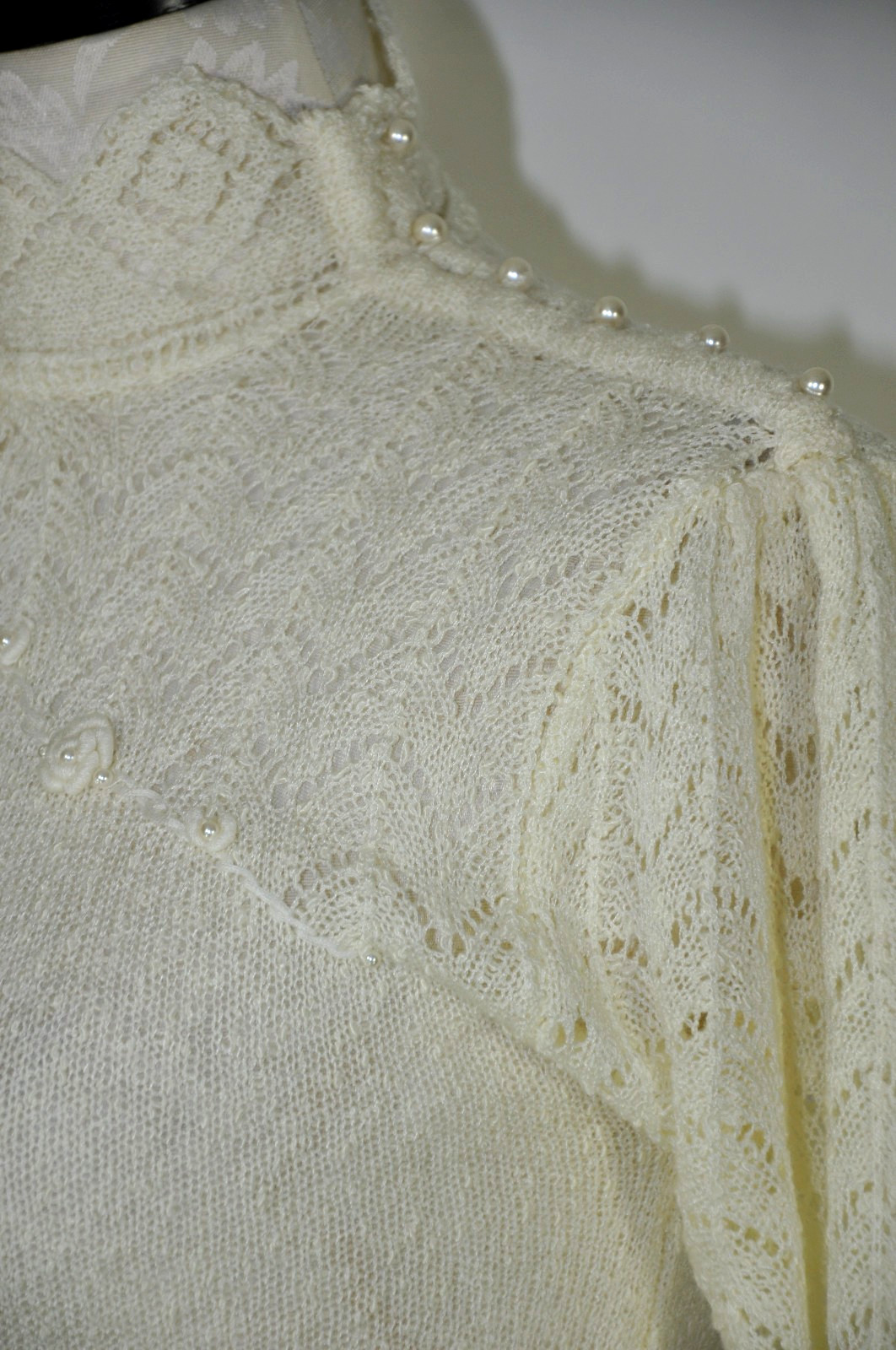 70s Vintage Cream Off White Pointelle Knit High Neck Pearl Sweater Dress Women M