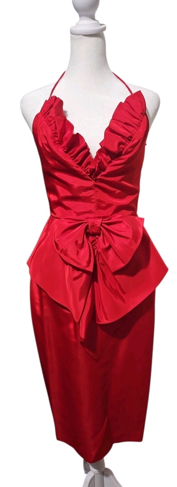 Vtg 80s Contempo Casuals Red Acetate Peplum Bow Cocktail Glam Party Dress XS