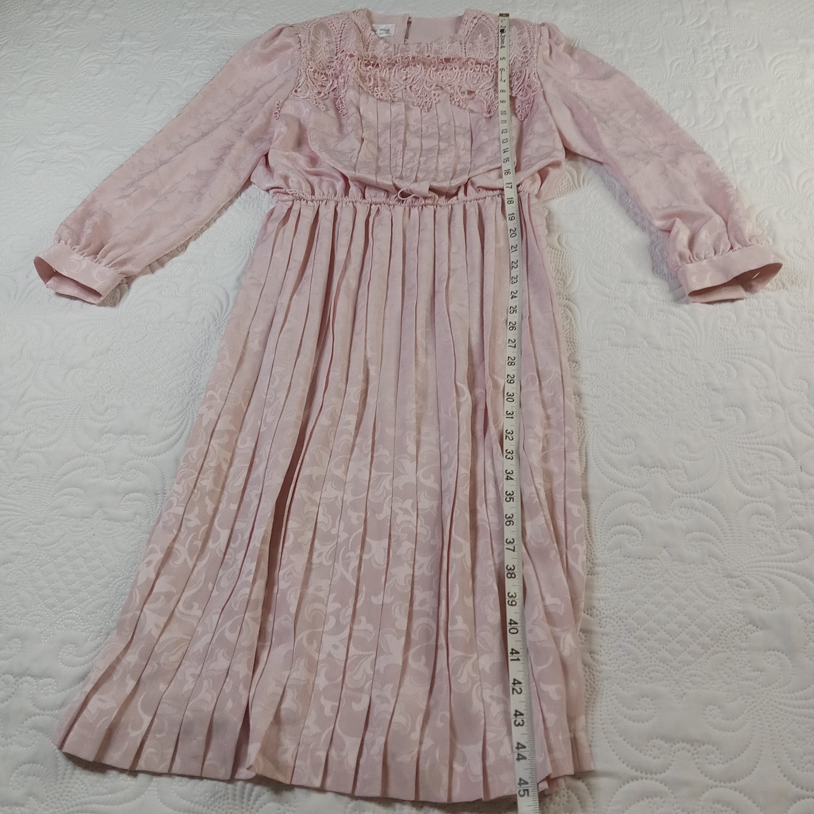 In The Mood MOB Dress 14 Pink Jacquard Belted Crocheted Pleated Vtg 80s EUC