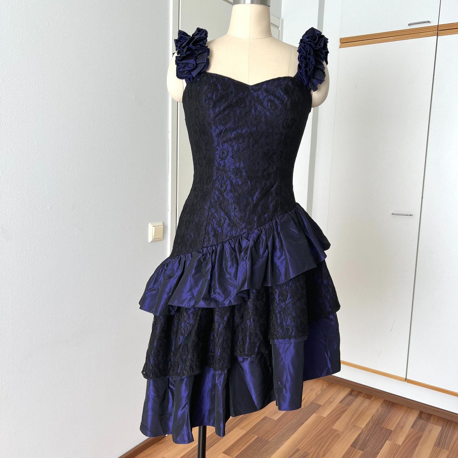 1980s Taffeta Cocktail Party Dress Asymmetrical Hem Cocktail Tiered Evening Gown