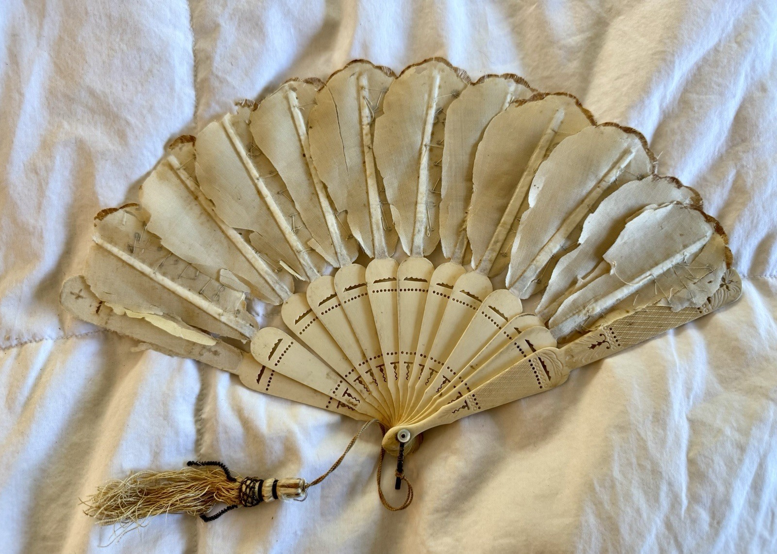 Antique Victorian Era Fan From 1890-1910 Constructed Bone And Silk Tassels AS IS