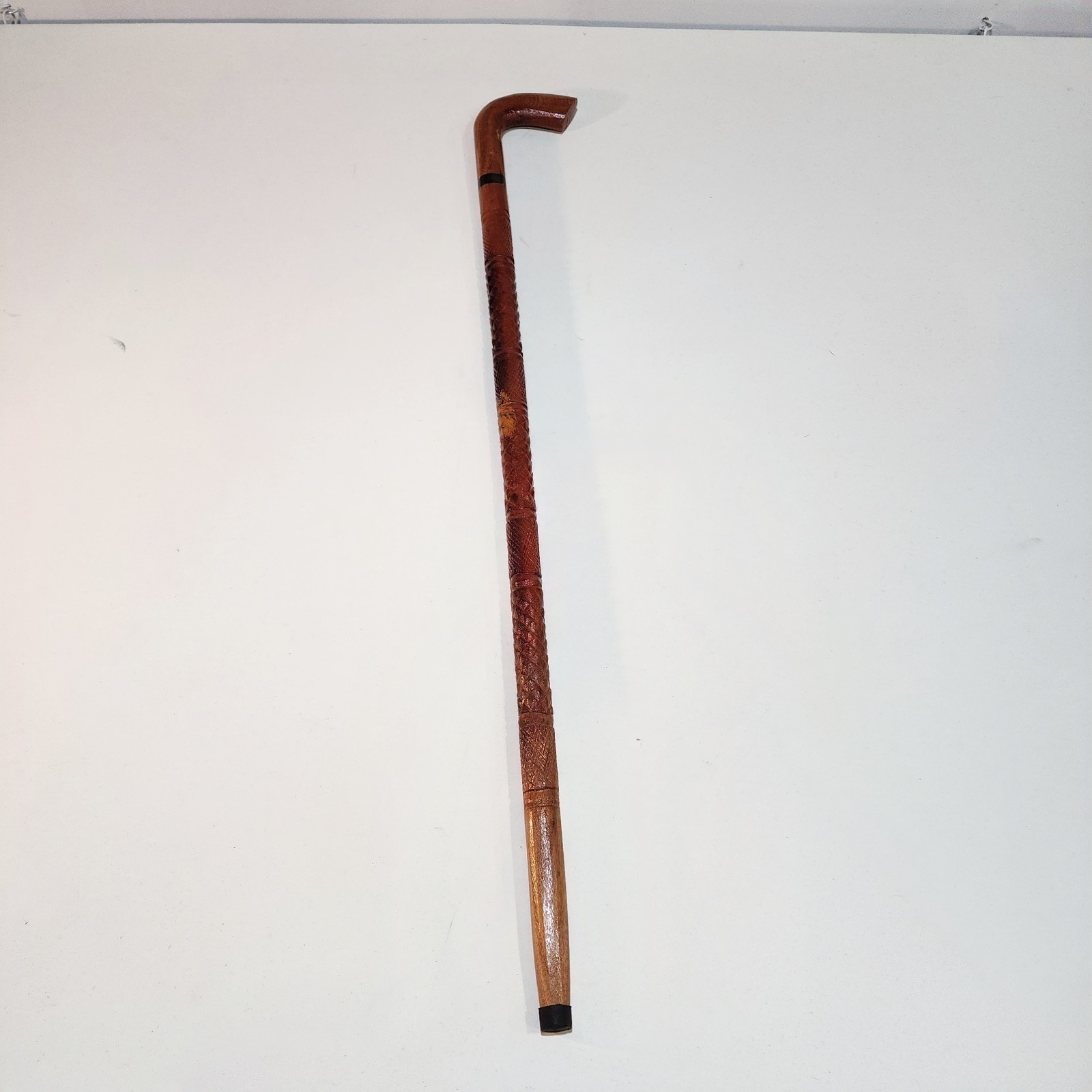 Wooden Walking Stick/Cane With Intricate Geometric Design on Shaft 37 in