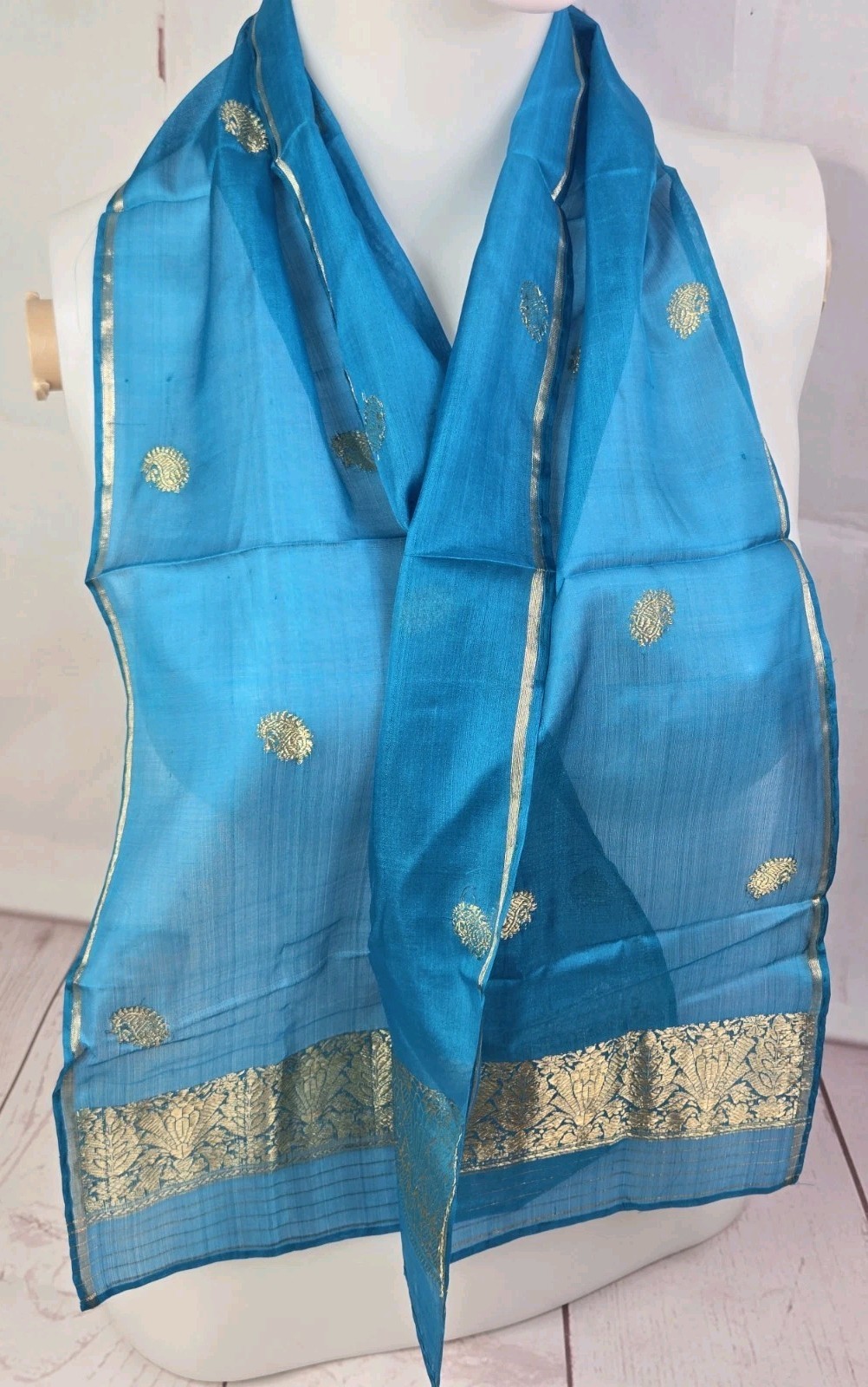 Hand Woven 100% Pure Silk TOURQOUISE GOLD Made in India Saree Scarf @ 45″ x 10″