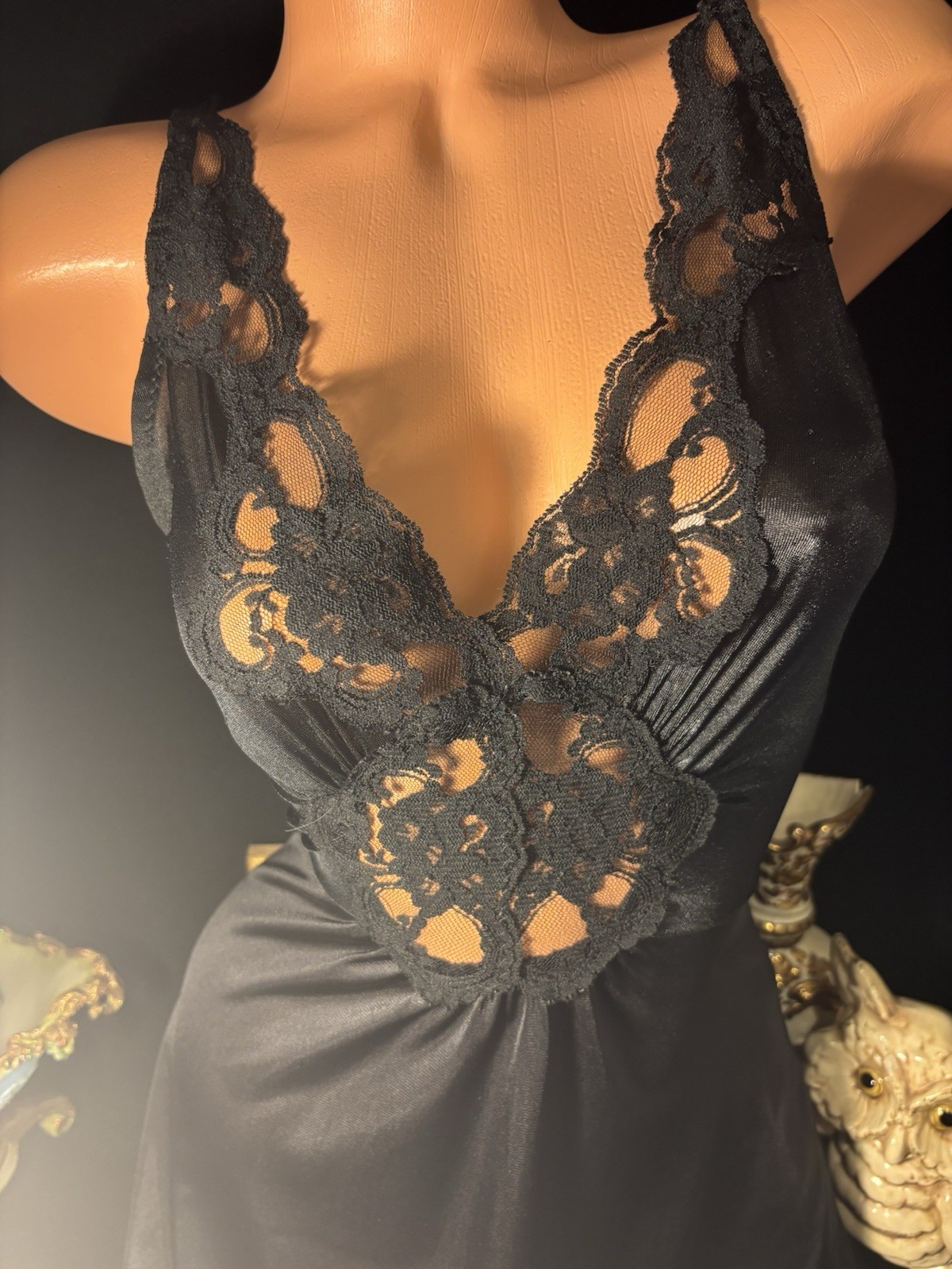 VTg FULL Sweep Lace Top BLACK Nylon Nightgown Negligee olga esque