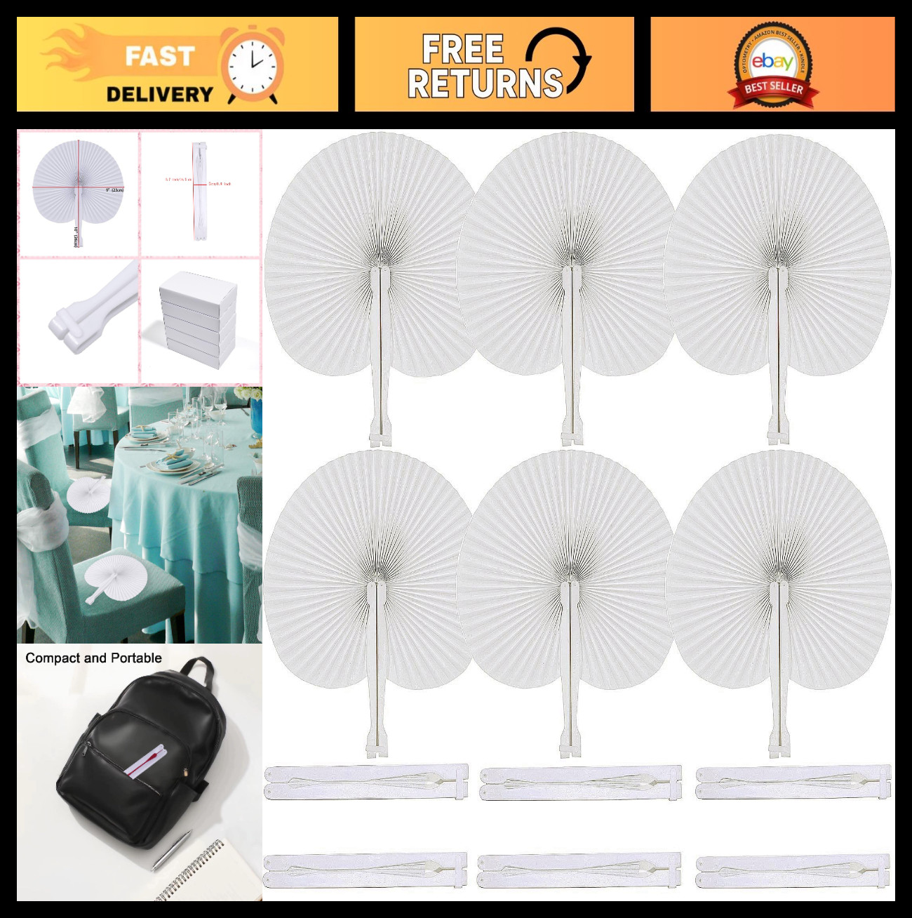 60 Pcs White Round Paper Fans | Foldable Handheld Wedding & Party Favors