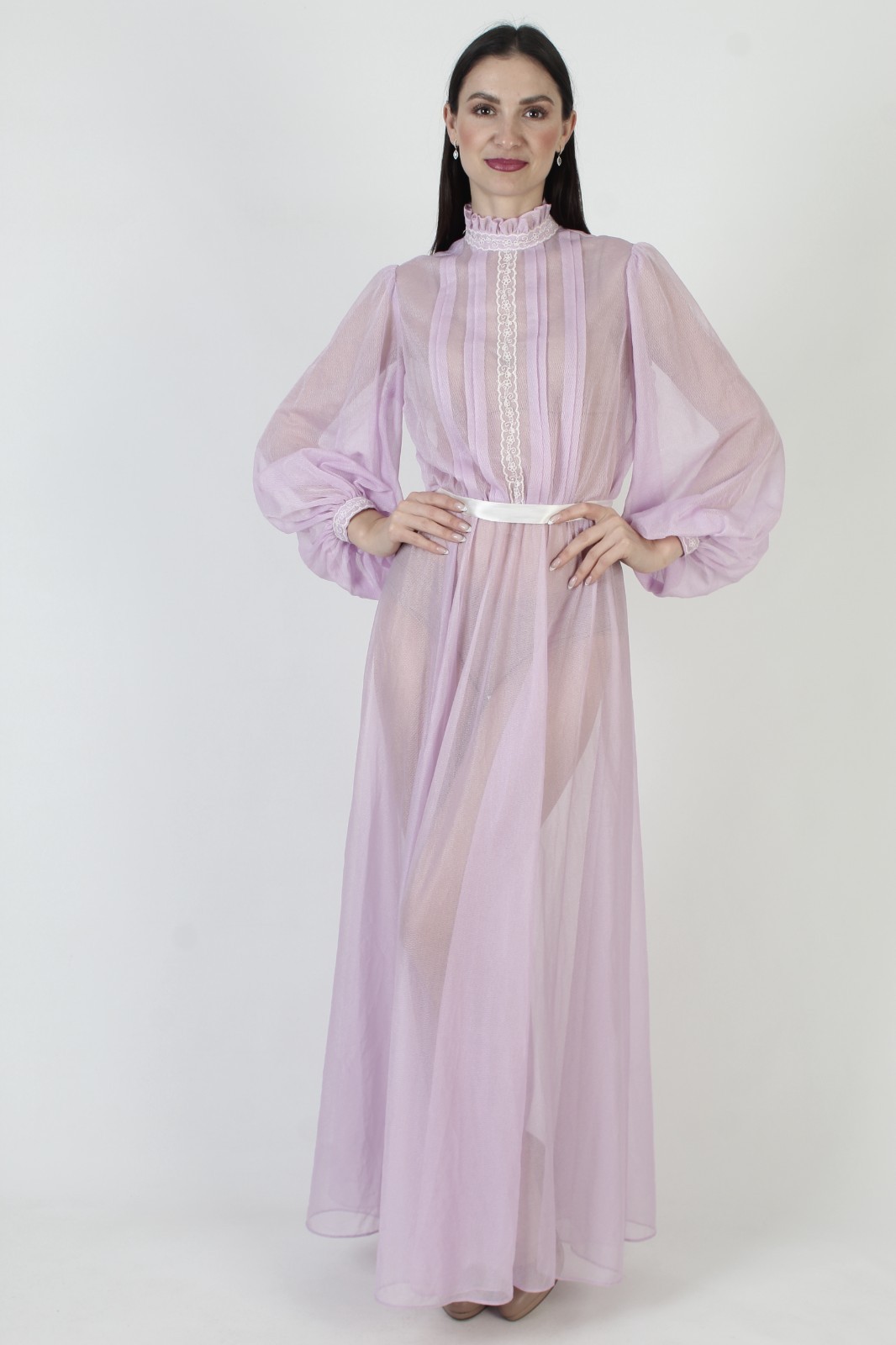 Vtg Sheer Purple Dress Sexy See Through Poet Bell Slv Bridesmaid Victorian Gown