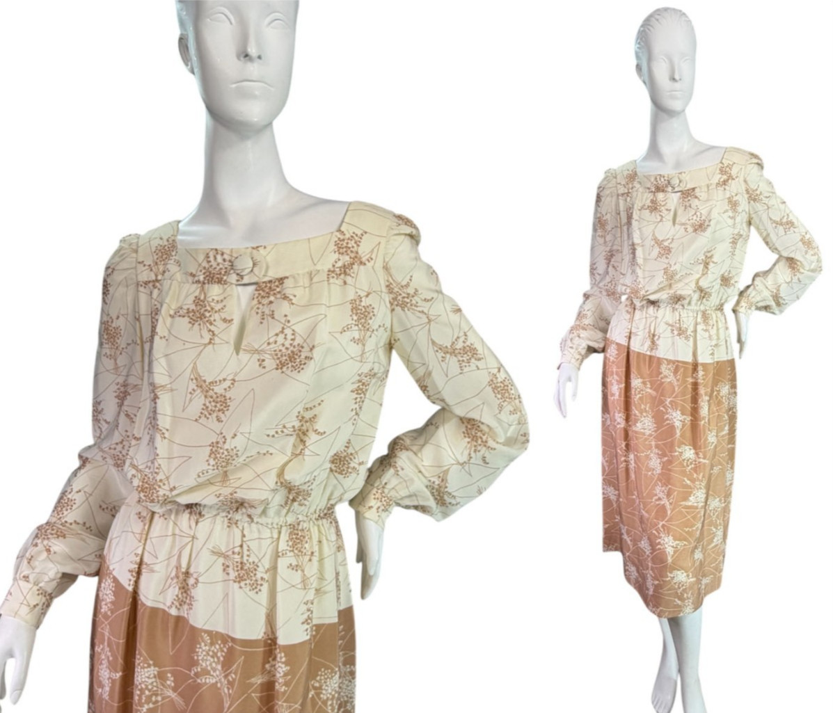Adele Simpson Vintage 1970’s Ivory & Tan Floral Dress Lily of The Valley Print S