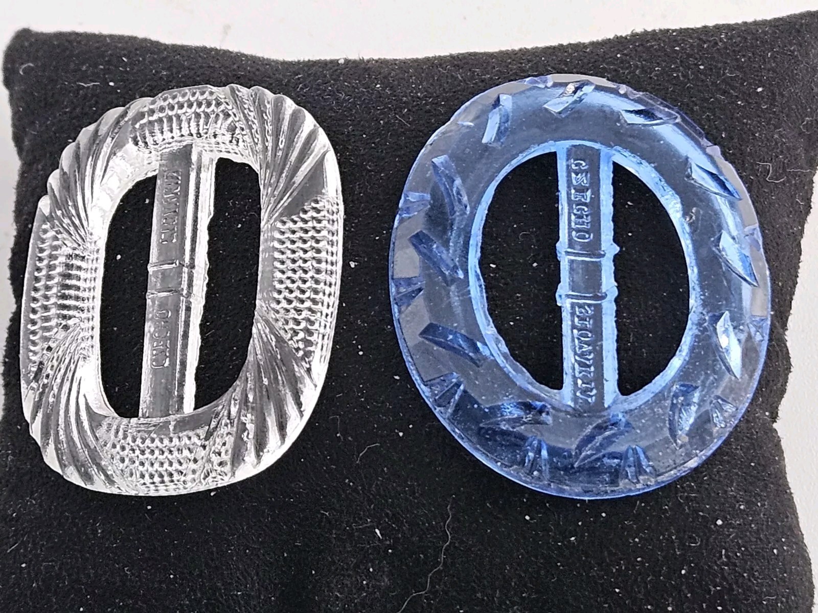 Two Vintage Czecho Slovakia Glass Belt Buckles Clear And Blue 1920s