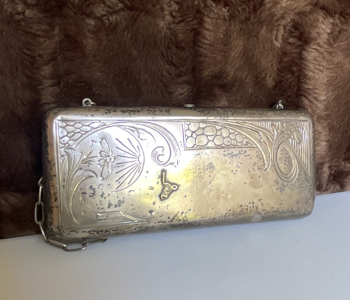 Vintage Silver Metal Art Nouveau Floral Engraved Clutch w/ Chain, Purple Lining