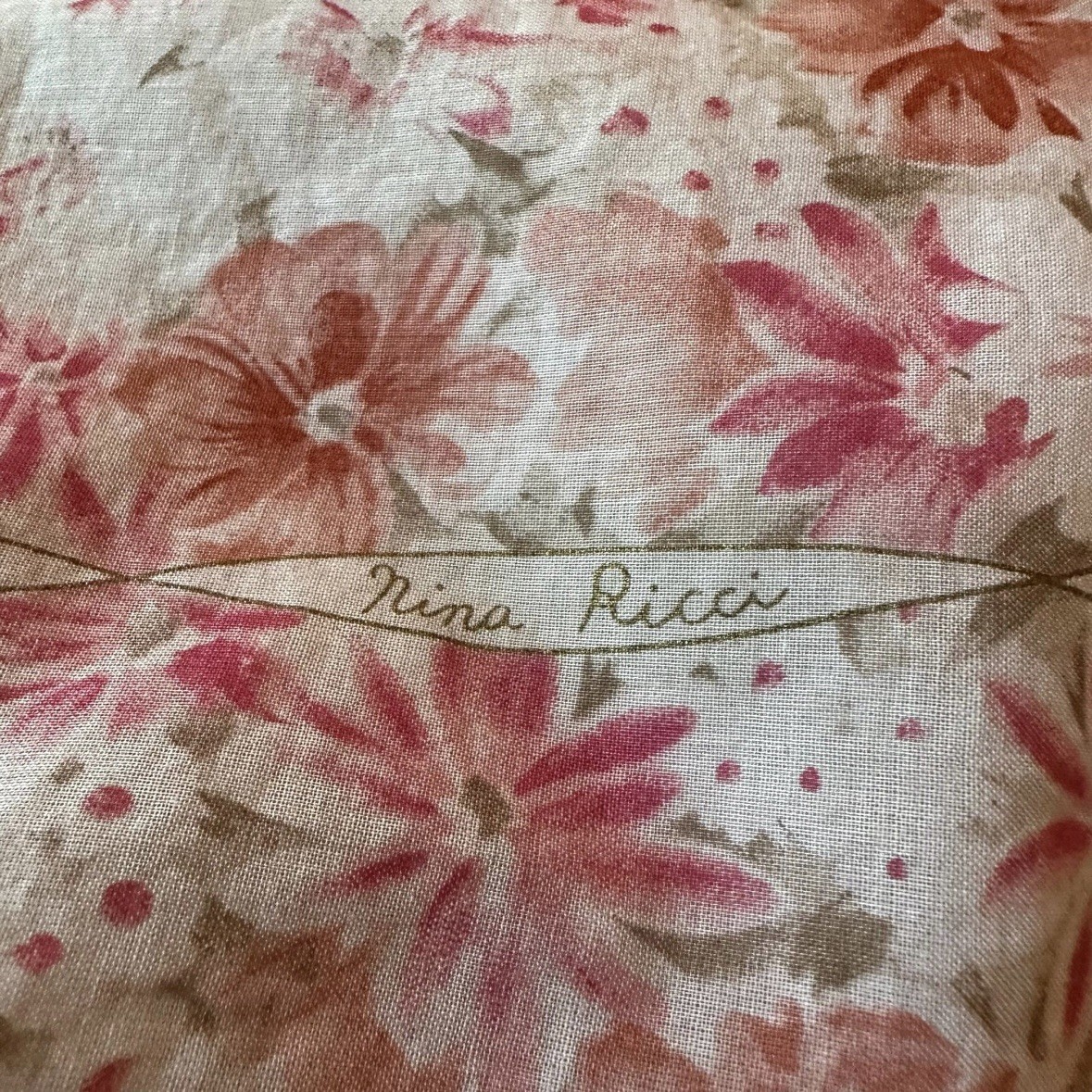 Vintage Ladies Nina Ricci Pink Floral Cotton Handkerchief 17 Inches