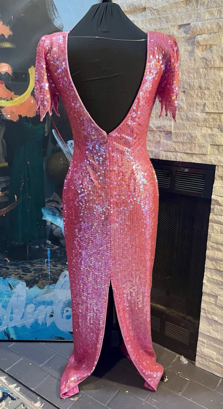 Vintage Nadine Pink Sequin Maxi Gown Size Medium 1980s Prom Special Occasion