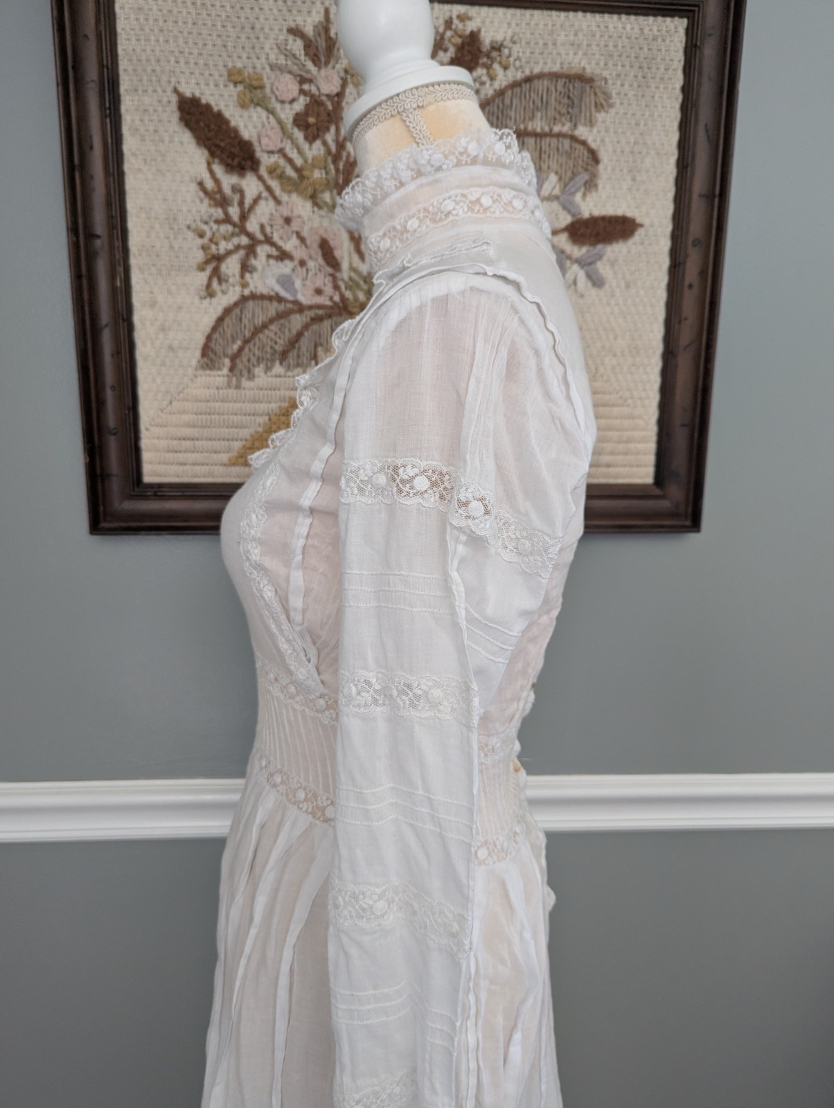 Vtg Edwardian Prairie Boho White Cotton High Neck Summer Maxi Dress Floral Lace