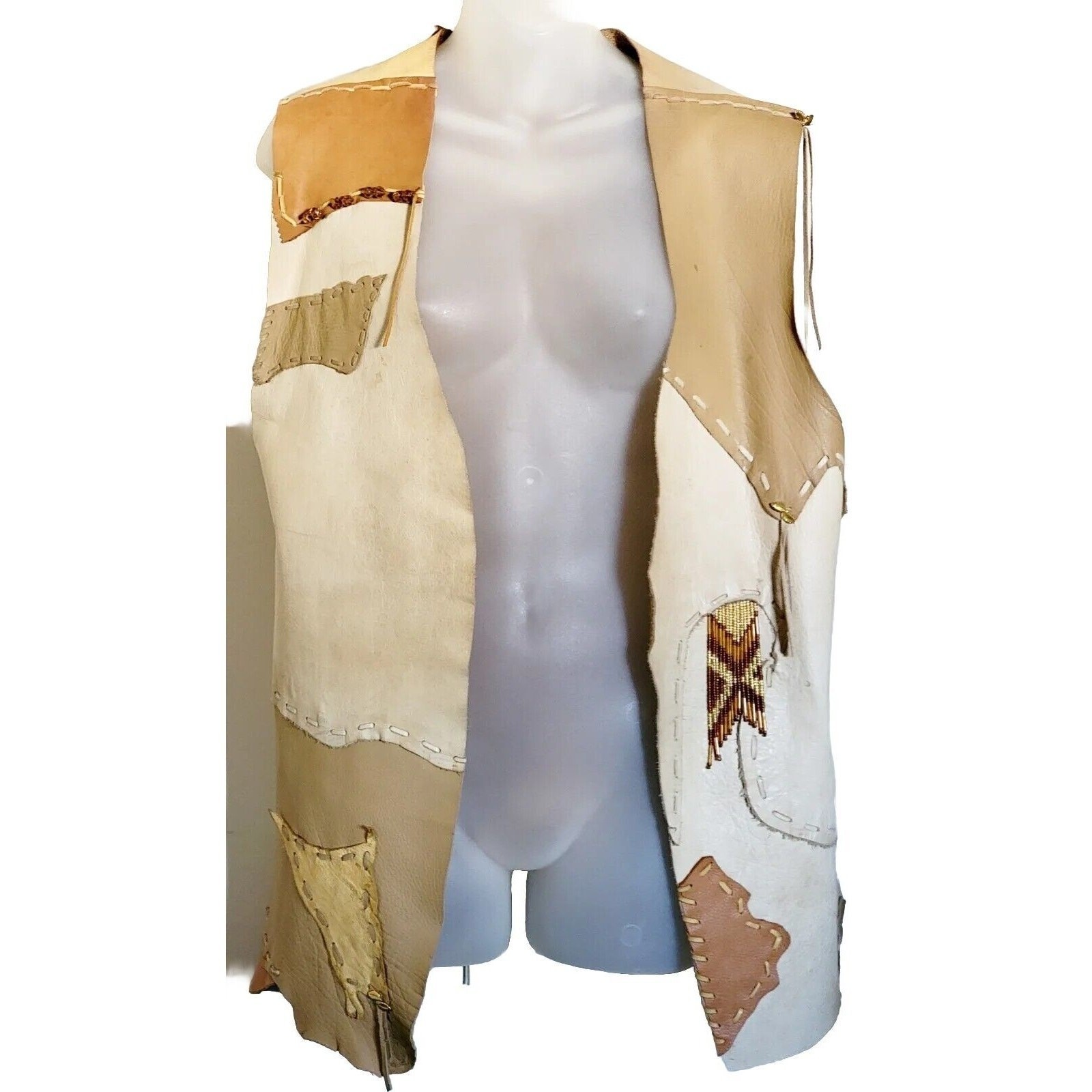 Vintage Soaring Eagle Leather Vest Beaded Patchwork Western Boho 80s S