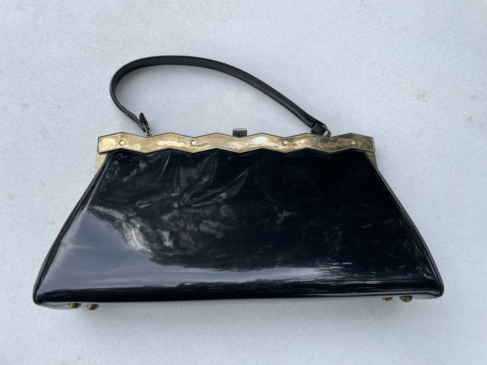 Vintage 1950s Black Lucite Hard Shell Purse Brass Frame