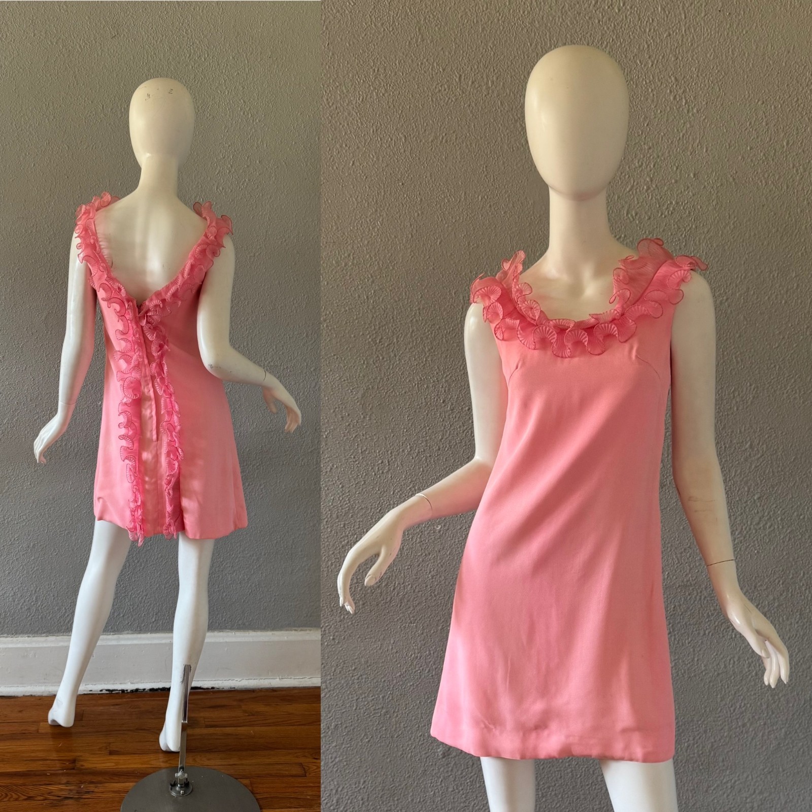 Vintage 60s Pink TWIGGY Ruffle Go-Go MOD Mini Party Dress XS/S