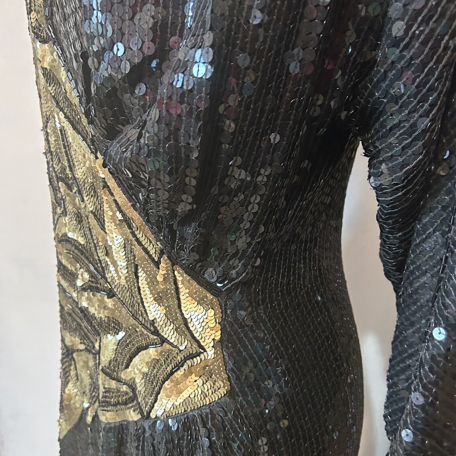 VTG Sequin Gown Dress 100% Silk 90s Black Gold Ruched V Neck Mob Wife Disco