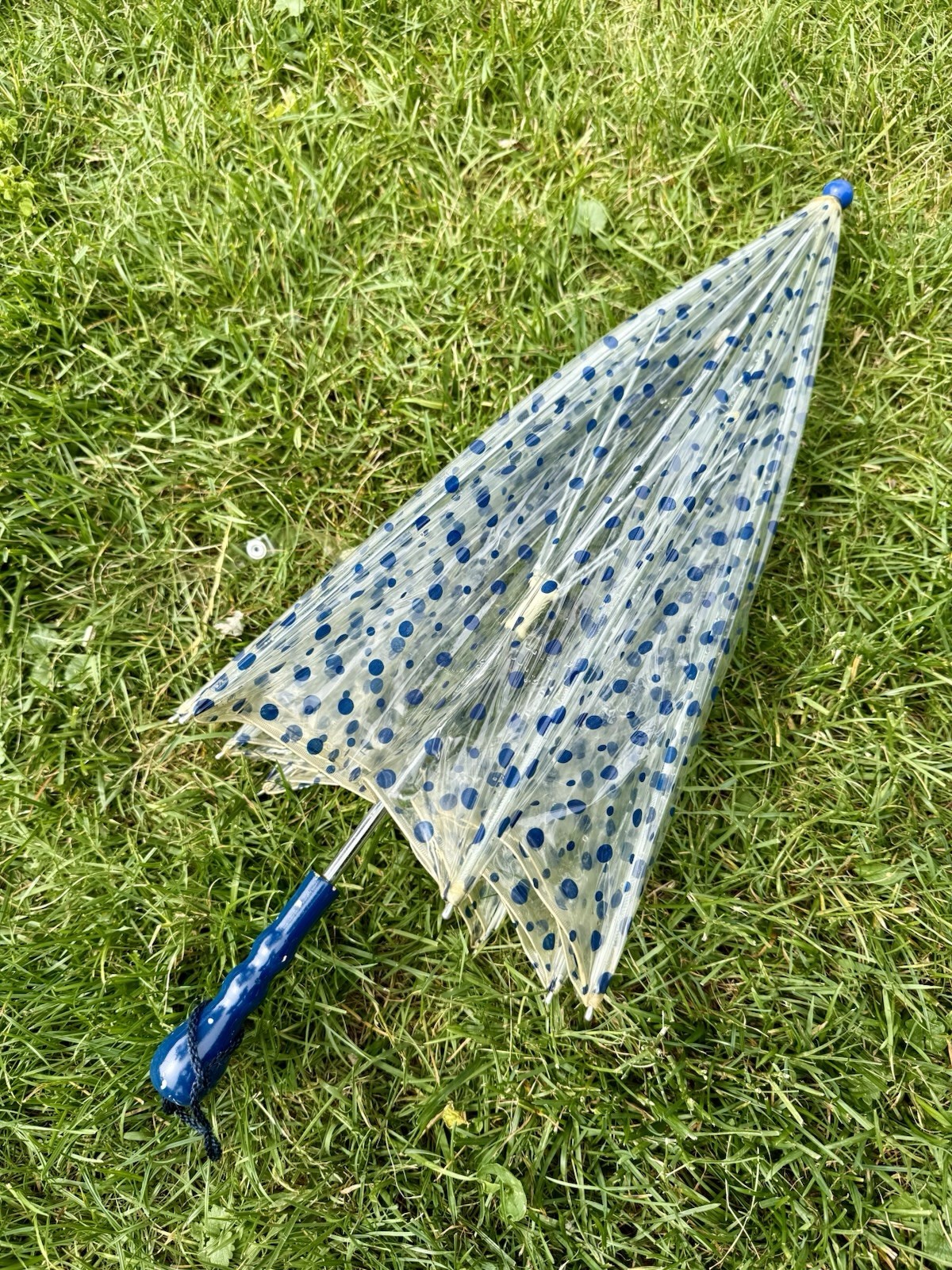 Vintage 60s Mod Clear Blue Polkadot Vinyl Bubble Top Umbrella
