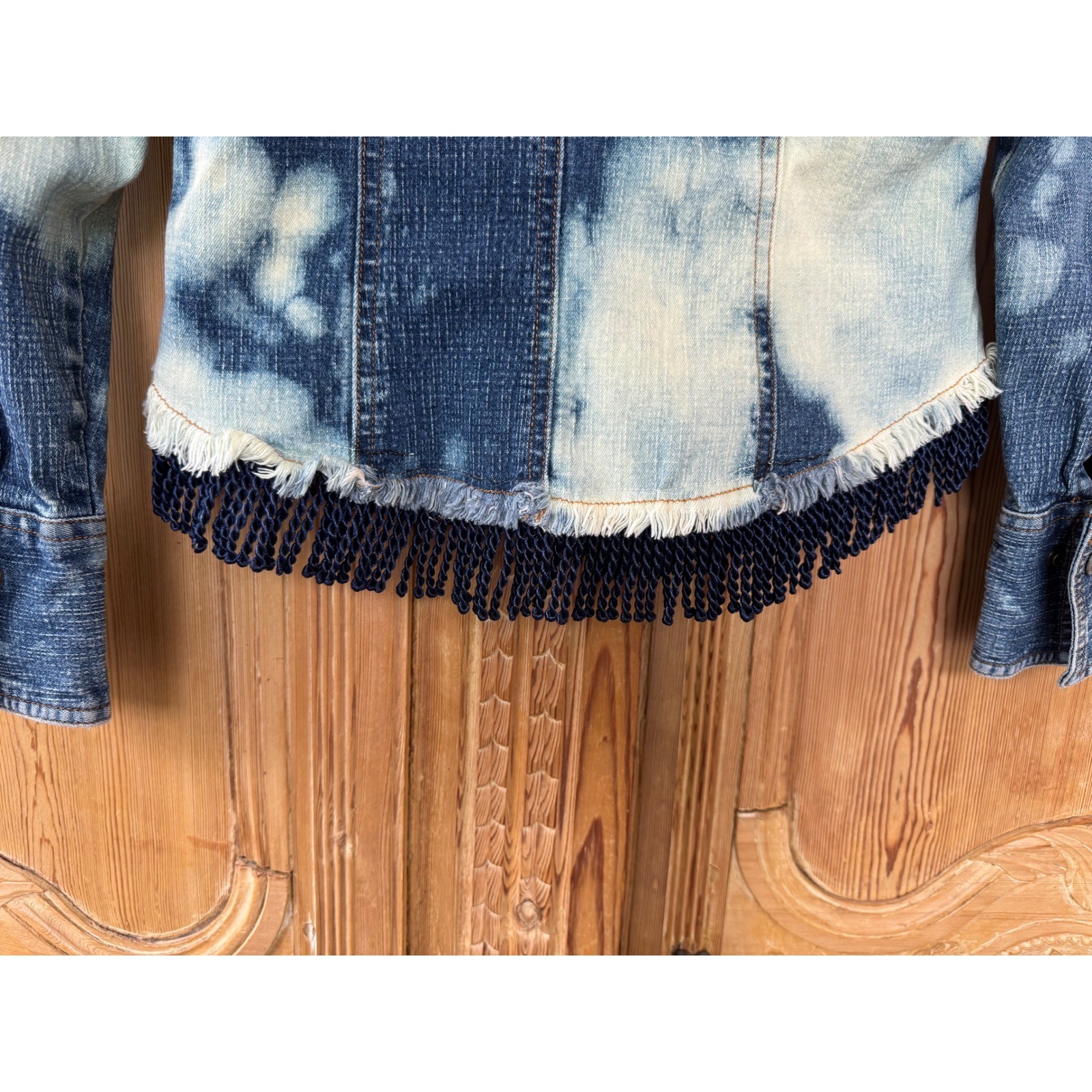 Upcycled Butterfly Jean Jacket | Bleached Fringe Denim | Size S