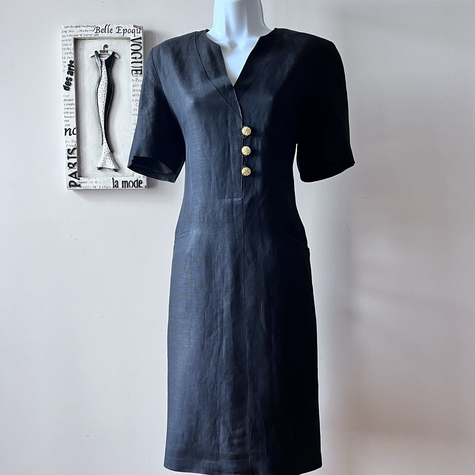 Vintage 80s Harvé Benard Short Sleeve Black Sheath Chic Dress Size S