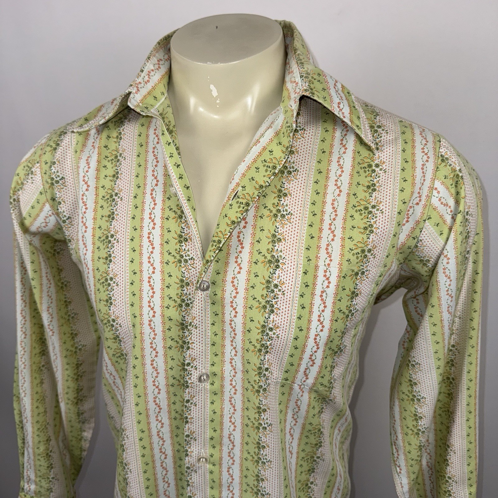 1960s Towncraft Penneys Shirt Vtg Hippie Disco MCM Mod Green Floral Mens Medium